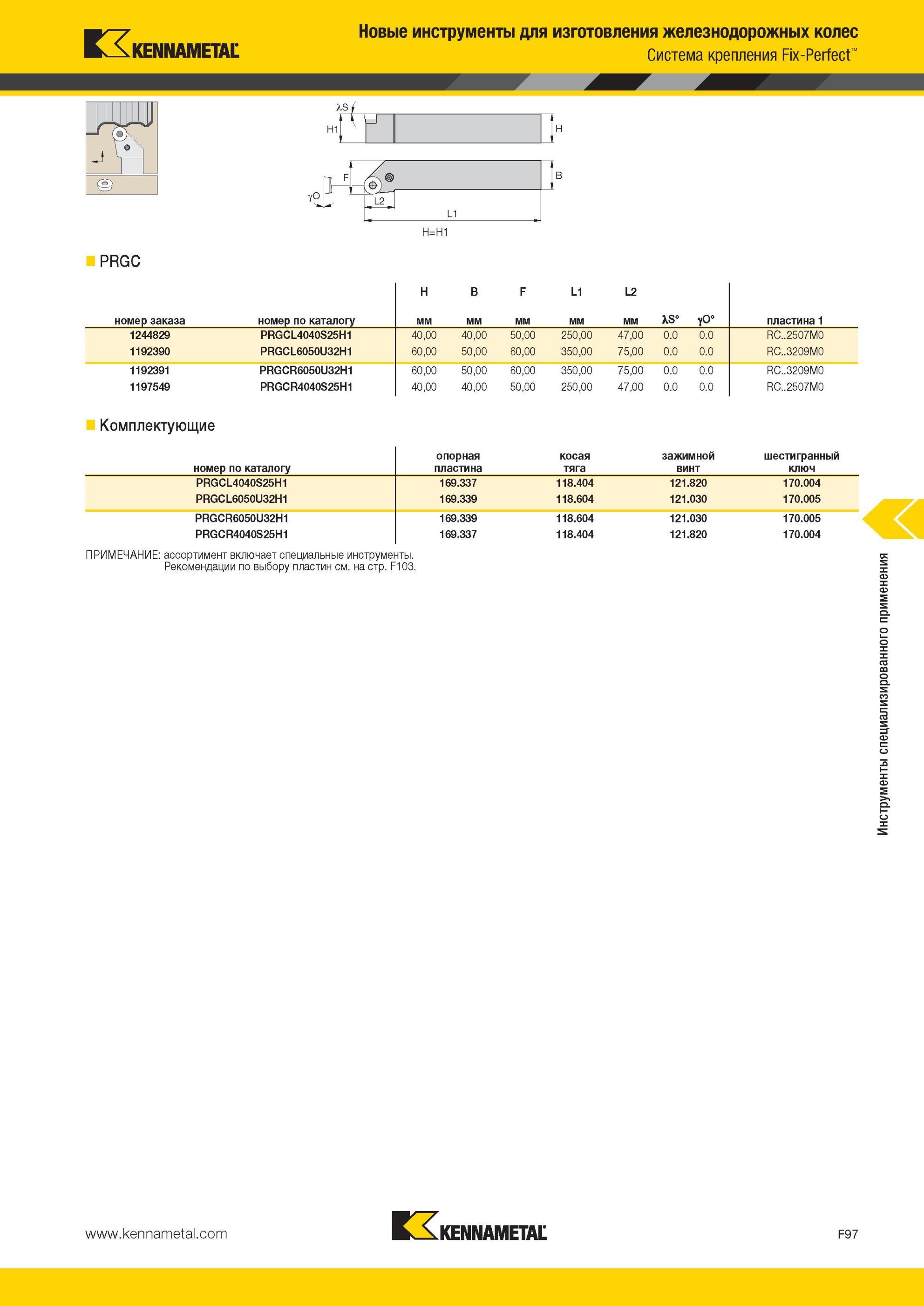 737 PRGC Новые инструменты Kennametal для изготовления железнодорожных колес Система крепления Fix-Perfect XS t yO H=H1 H B F L1 L2 номер заказа номер по Мастер-каталог KENNAMETAL 2013 Металлорежущий инструмент Точение Обработка отверстий Фрезерование Стр. F97