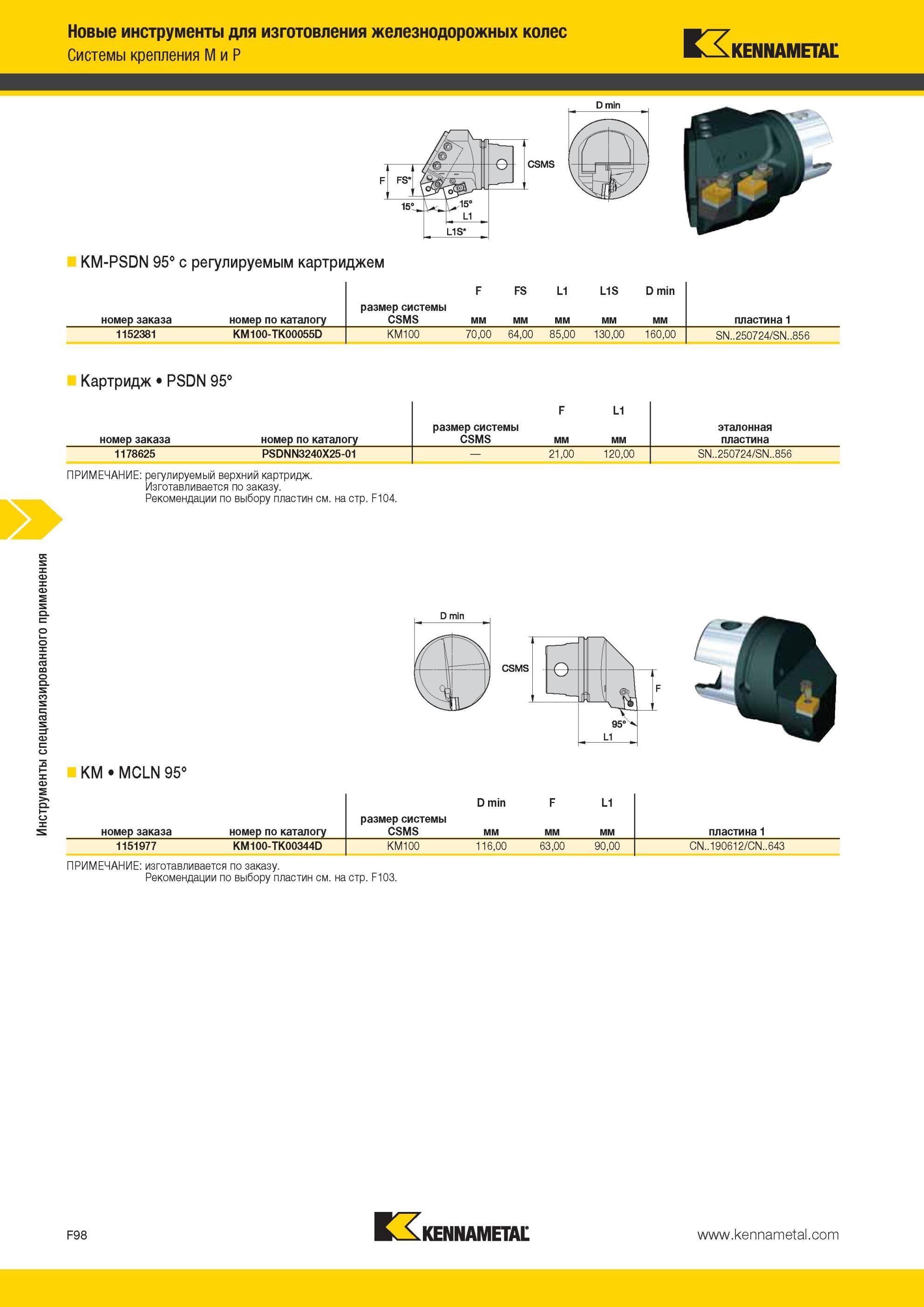 738 Новые инструменты Kennametal для изготовления железнодорожных колес Системы крепления M и P D min KM-PSDN 95° с регулируемым картриджем F FS L1 L1S D Мастер-каталог KENNAMETAL 2013 Металлорежущий инструмент Точение Обработка отверстий Фрезерование Стр. F98