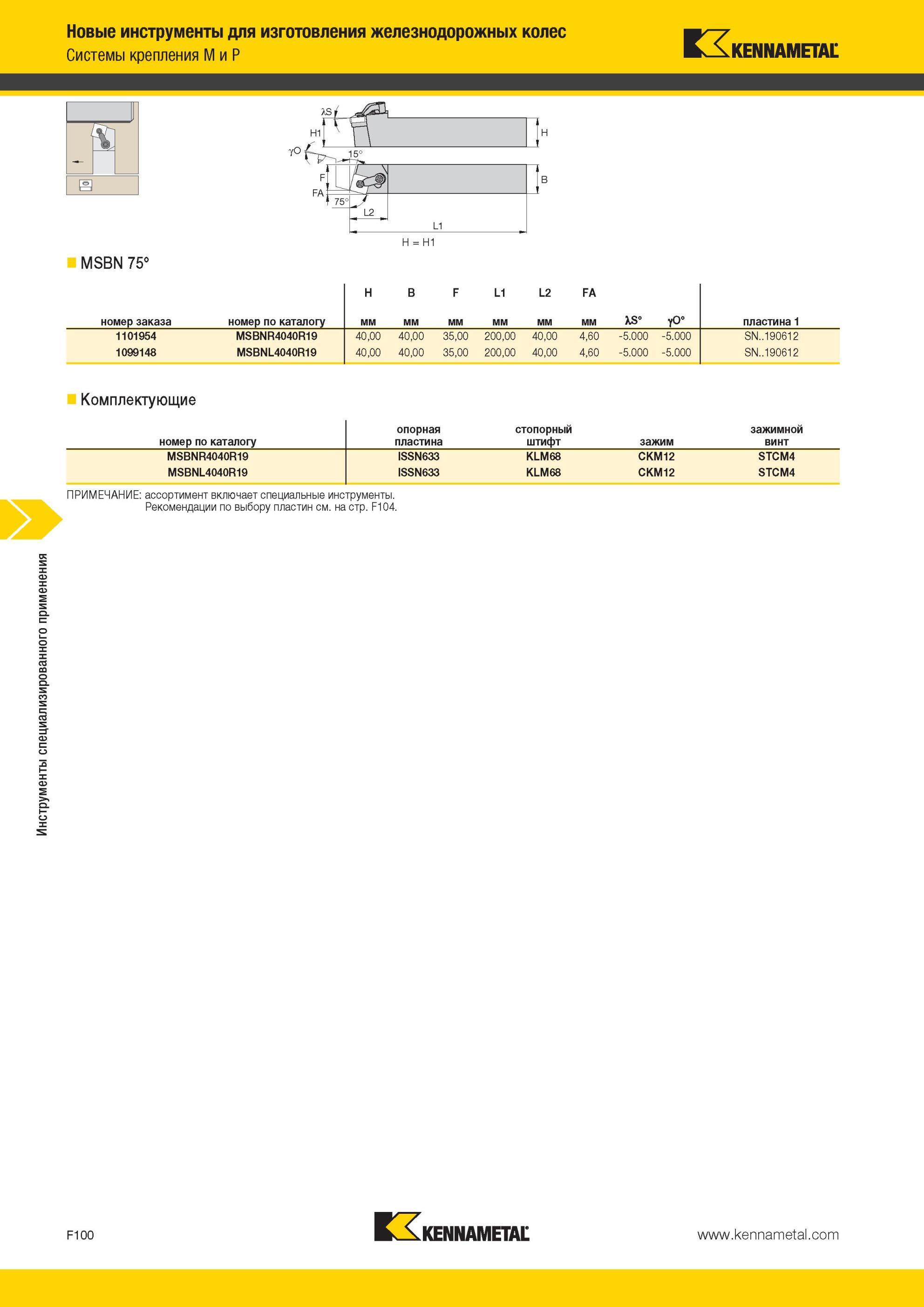 740 Инструменты Kennametal специализированного применения для изготовления железнодорожных колес Системы крепления M и P MSBN 75° H B F L1 L2 FA номер зак Мастер-каталог KENNAMETAL 2013 Металлорежущий инструмент Точение Обработка отверстий Фрезерование Стр. F100
