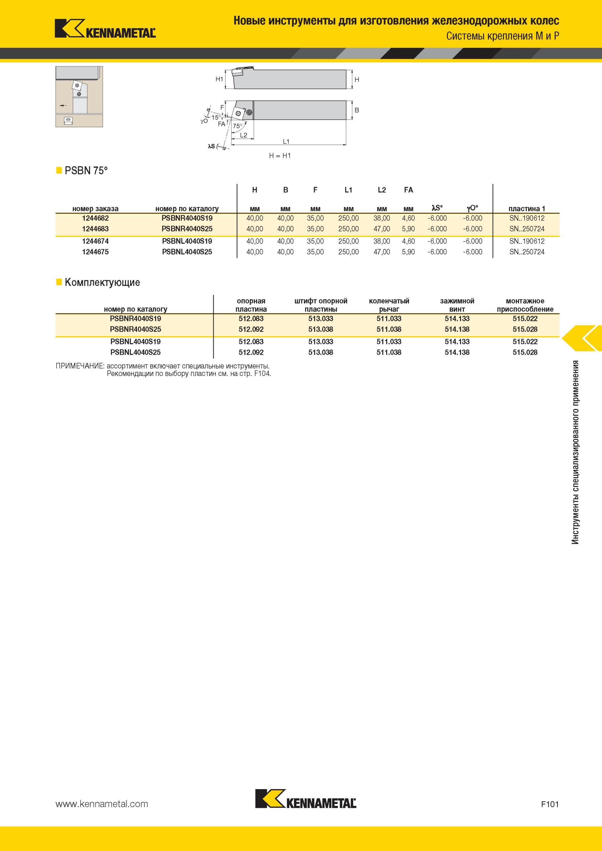 741 PSBN 75° Новые инструменты Kennametal для изготовления железнодорожных колес Системы крепления M и P H1 H = H1 H B F L1 L2 FA номер заказа номер по ка Мастер-каталог KENNAMETAL 2013 Металлорежущий инструмент Точение Обработка отверстий Фрезерование Стр. F101