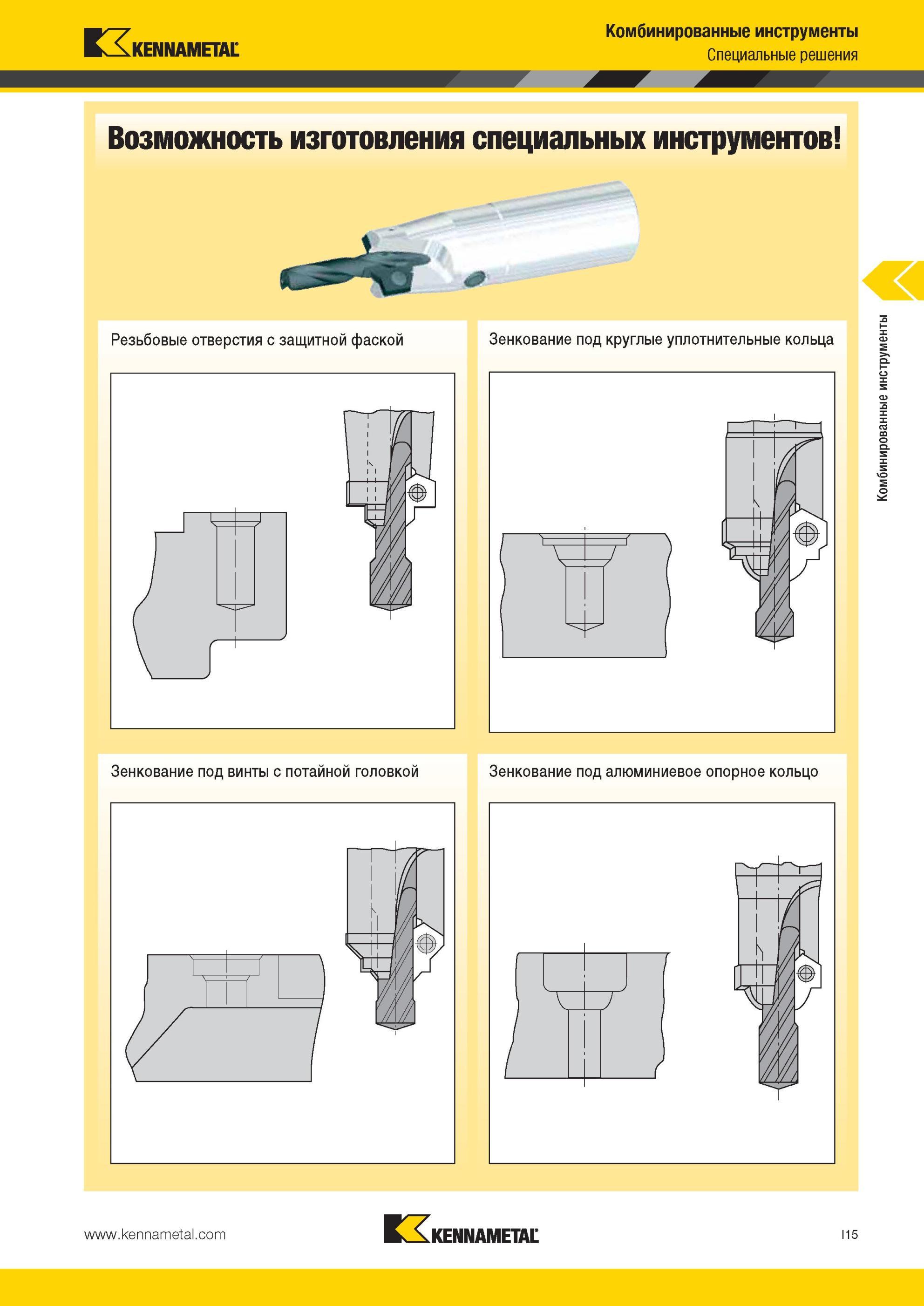 959 Возможность изготовления специальных инструментов Kennametal Резьбовые отверстия с защитной фаской Зенкование под круглые уплотнительные кольца Зенков Мастер-каталог KENNAMETAL 2013 Металлорежущий инструмент Точение Обработка отверстий Фрезерование Стр. I15