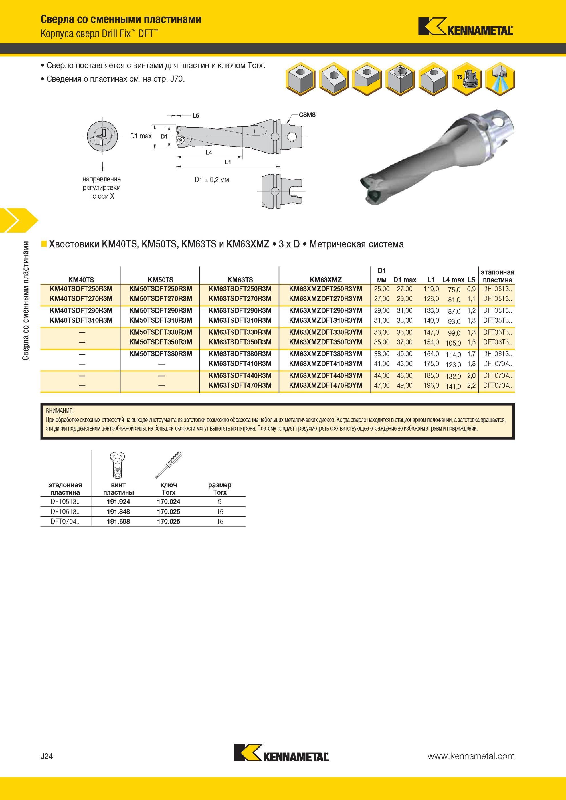 992 Сверла Kennametal со сменными пластинами Drill Fix DFT Сверло поставляется с винтами для пластин и ключом Torx Сведения о пластинах см на стр J70 напр Мастер-каталог KENNAMETAL 2013 Металлорежущий инструмент Точение Обработка отверстий Фрезерование Стр. J24