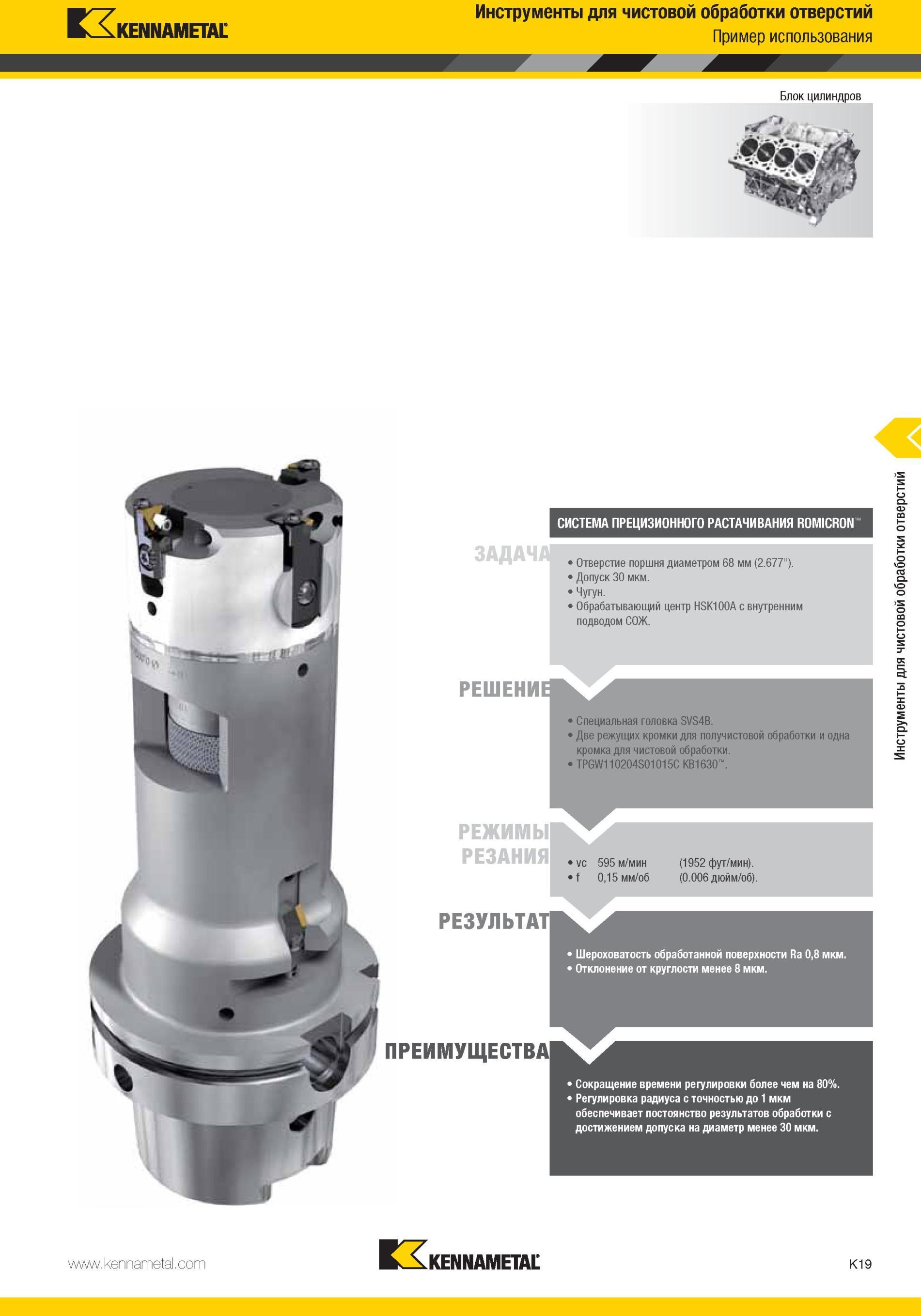 1067 Специальная головка Kennametal SVS4B Две режущих кромки для получистовой обработки и одна кромка для чистовой обработки TPGW110204S01015C КВ1630 Режим Мастер-каталог KENNAMETAL 2013 Металлорежущий инструмент Точение Обработка отверстий Фрезерование Стр. K19