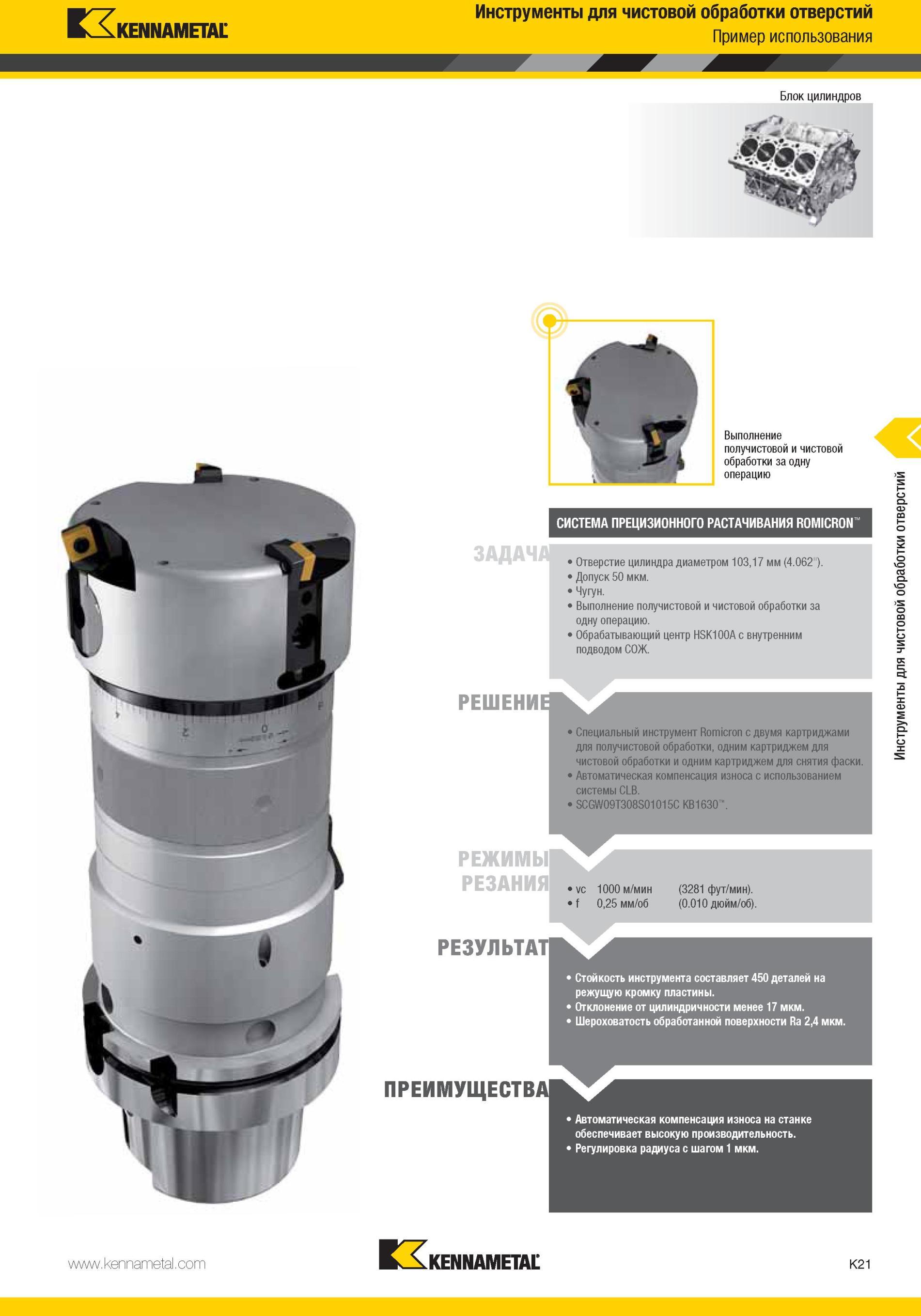 1069 Специальный инструмент Kennametal Romicron с двумя картриджами для получистовой обработки, одним картриджем для чистовой обработки и одним картриджем Мастер-каталог KENNAMETAL 2013 Металлорежущий инструмент Точение Обработка отверстий Фрезерование Стр. K21