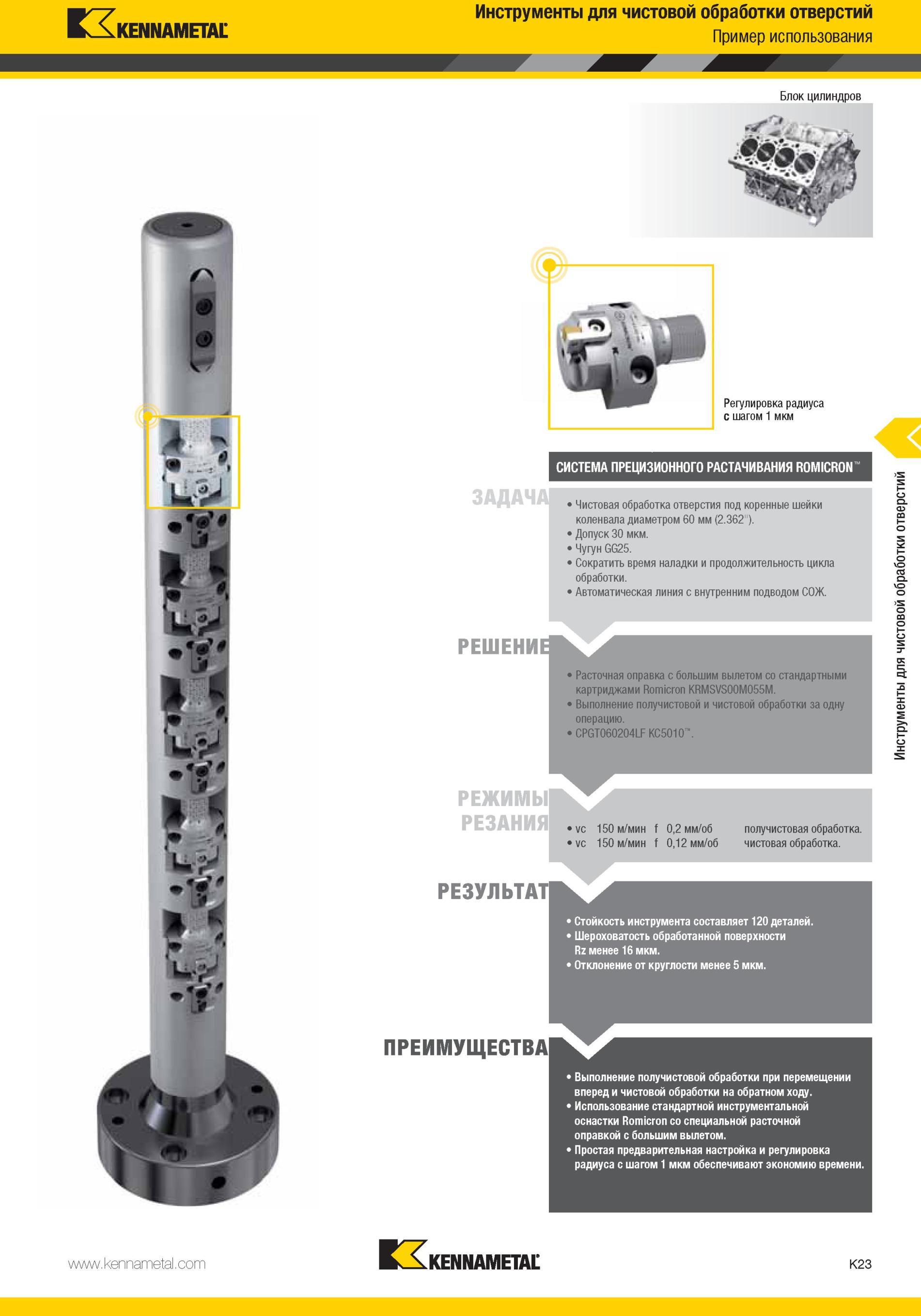 1071 Расточная оправка Kennametal с большим вылетом со стандартными картриджами Romicron KRMSVS00M055M Выполнение получистовой и чистовой обработки за одну Мастер-каталог KENNAMETAL 2013 Металлорежущий инструмент Точение Обработка отверстий Фрезерование Стр. K23