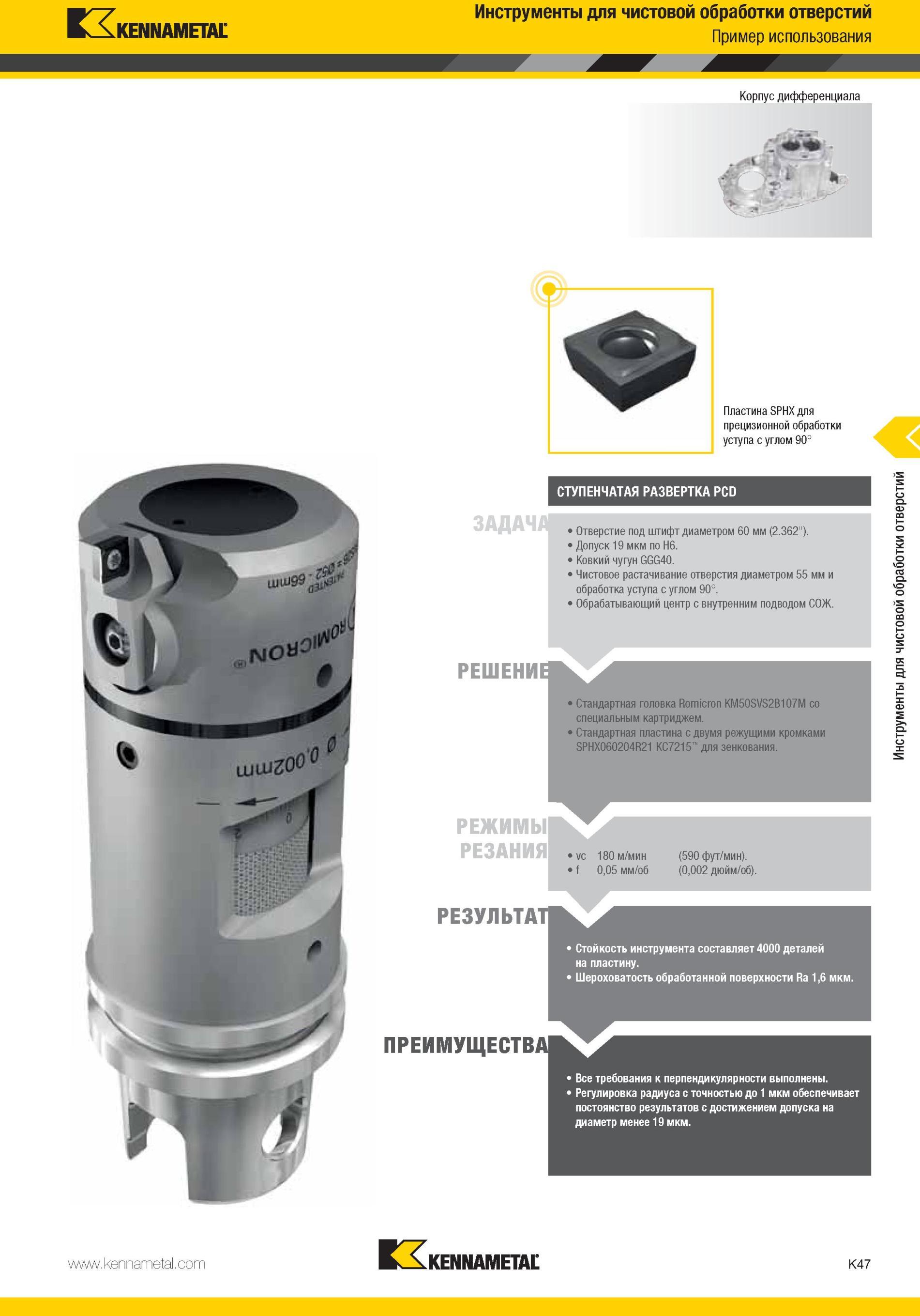 1095 Стандартная головка Kennametal Romicron KM50SVS2B107M со специальным картриджем Стандартная пластина с двумя режущими кромками SPHX060204R21 КС7215 дл Мастер-каталог KENNAMETAL 2013 Металлорежущий инструмент Точение Обработка отверстий Фрезерование Стр. K47