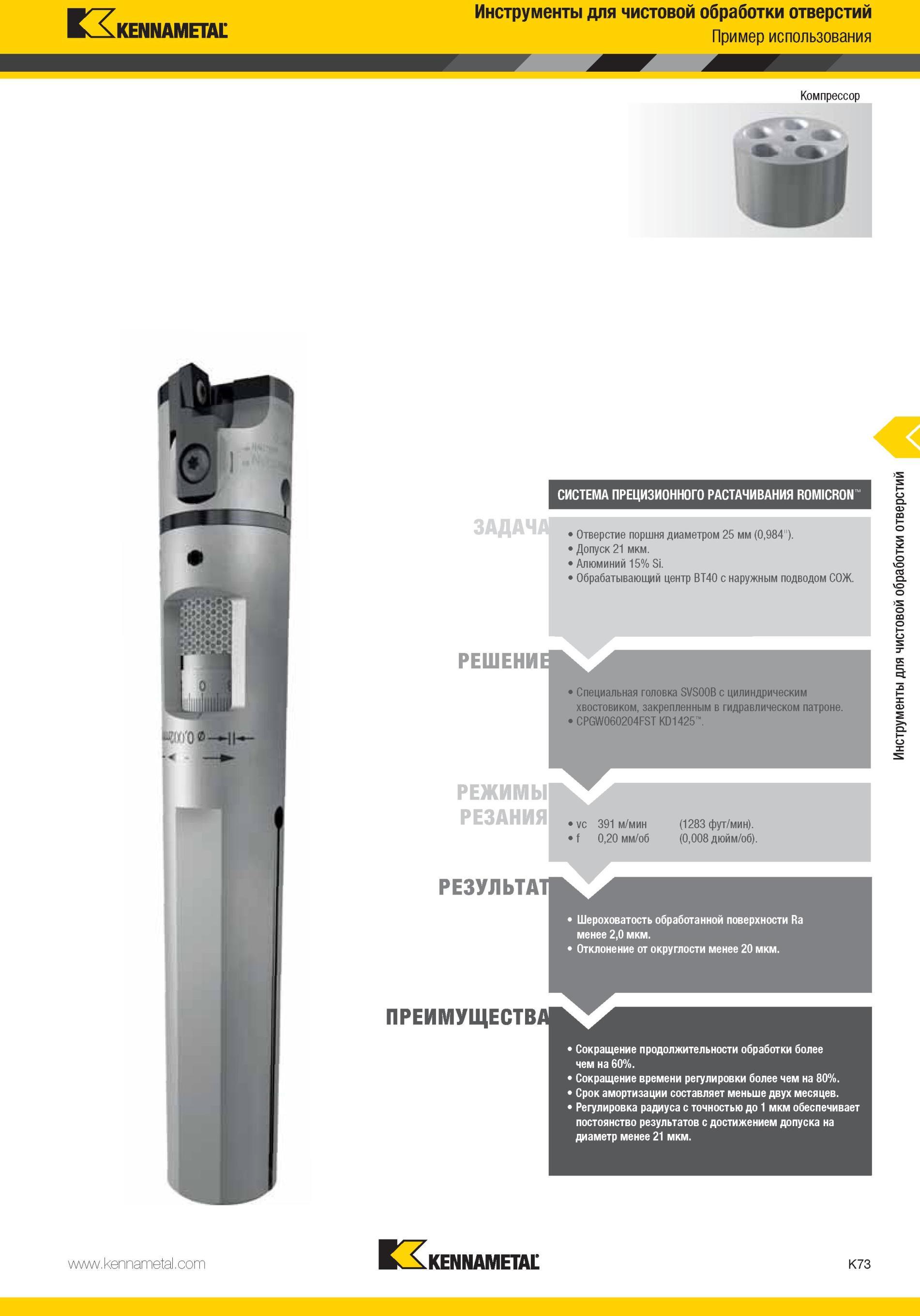 1121 Специальная головка Kennametal SVS00B с цилиндрическим хвостовиком, закрепленным в гидравлическом патроне CPGW060204FST KD1425 РЕЖИМЫ РЕЗАНИЯ vc 391 м Мастер-каталог KENNAMETAL 2013 Металлорежущий инструмент Точение Обработка отверстий Фрезерование Стр. K73