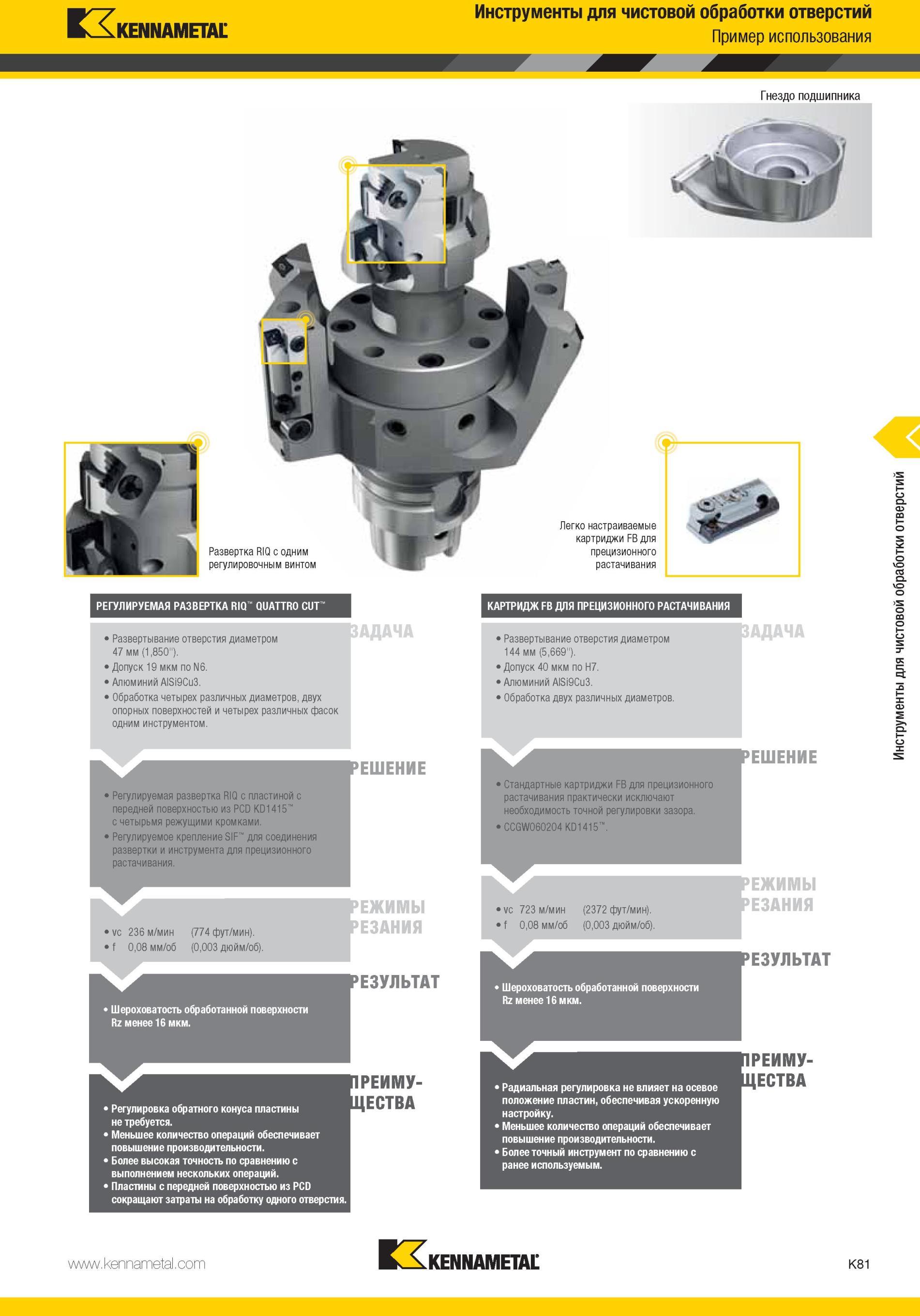 1129 Стандартные картриджи Kennametal FB для прецизионного растачивания практически исключают необходимость точной регулировки зазора CCGW060204 KD1415 РЕШ Мастер-каталог KENNAMETAL 2013 Металлорежущий инструмент Точение Обработка отверстий Фрезерование Стр. K81