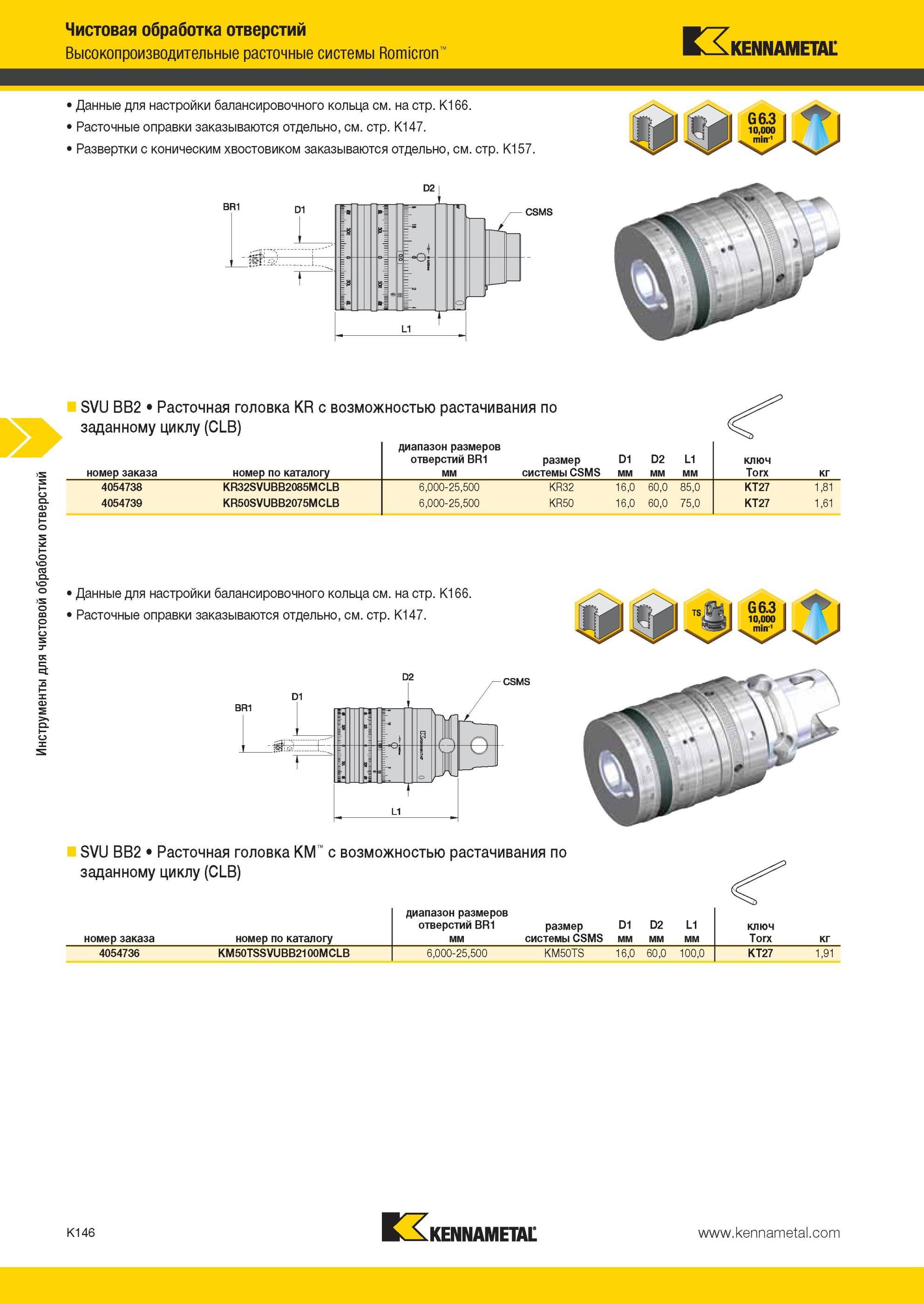 1194 Инструменты Kennametal для чистовой обработки отверстий Высокопроизводительные расточные системы Romicron Данные для настройки балансировочного кольца Мастер-каталог KENNAMETAL 2013 Металлорежущий инструмент Точение Обработка отверстий Фрезерование Стр. K146