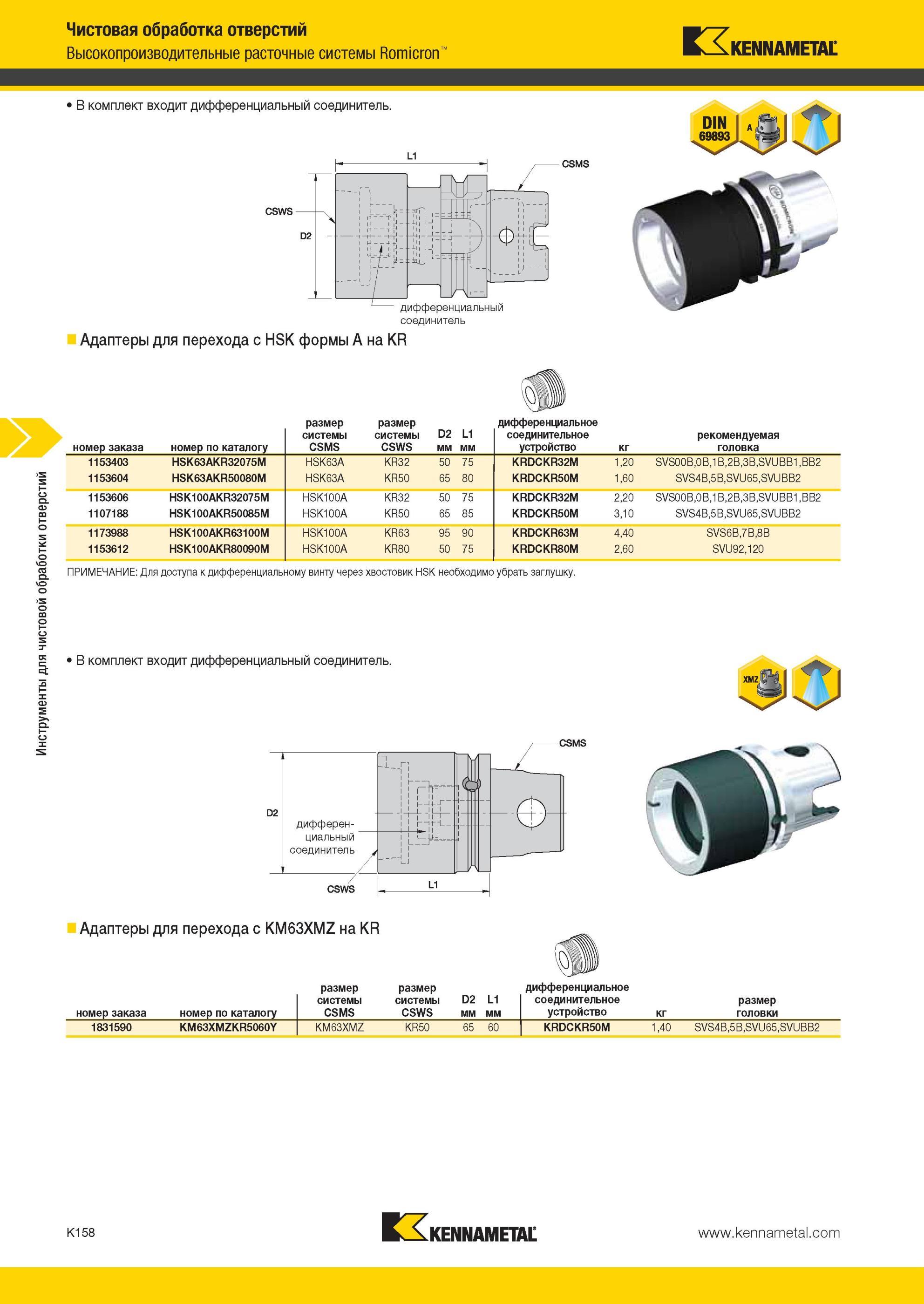 1206 Высокопроизводительные расточные системы Kennametal Romicron В комплект входит дифференциальный соединитель DIN 69893 Адаптеры для перехода с HSK форм Мастер-каталог KENNAMETAL 2013 Металлорежущий инструмент Точение Обработка отверстий Фрезерование Стр. K158