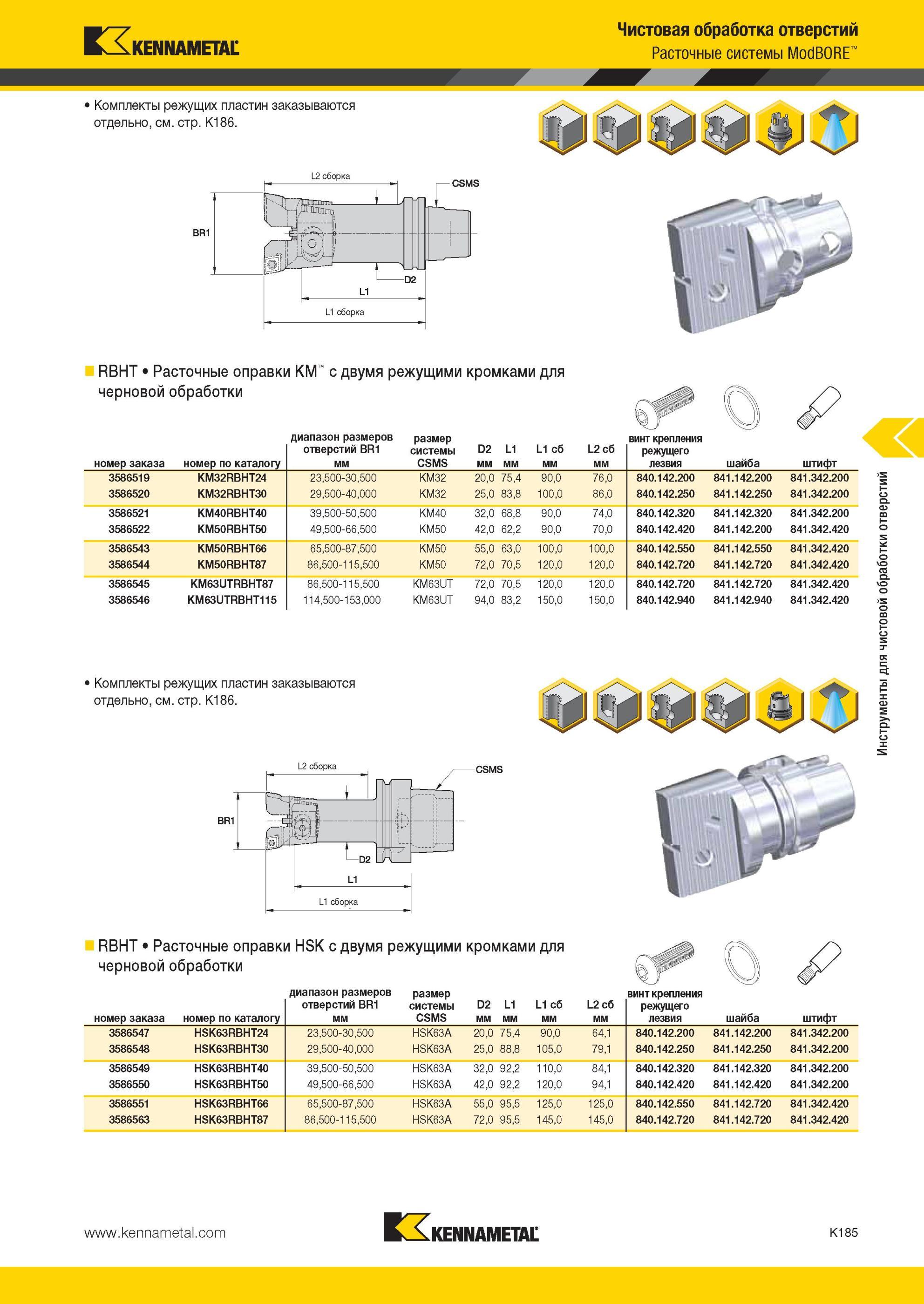 1233 Комплекты режущих пластин Kennametal заказываются отдельно Чистовая обработка отверстий Расточные системы ModBORE RBHT Расточные оправки KM черновой о Мастер-каталог KENNAMETAL 2013 Металлорежущий инструмент Точение Обработка отверстий Фрезерование Стр. K185