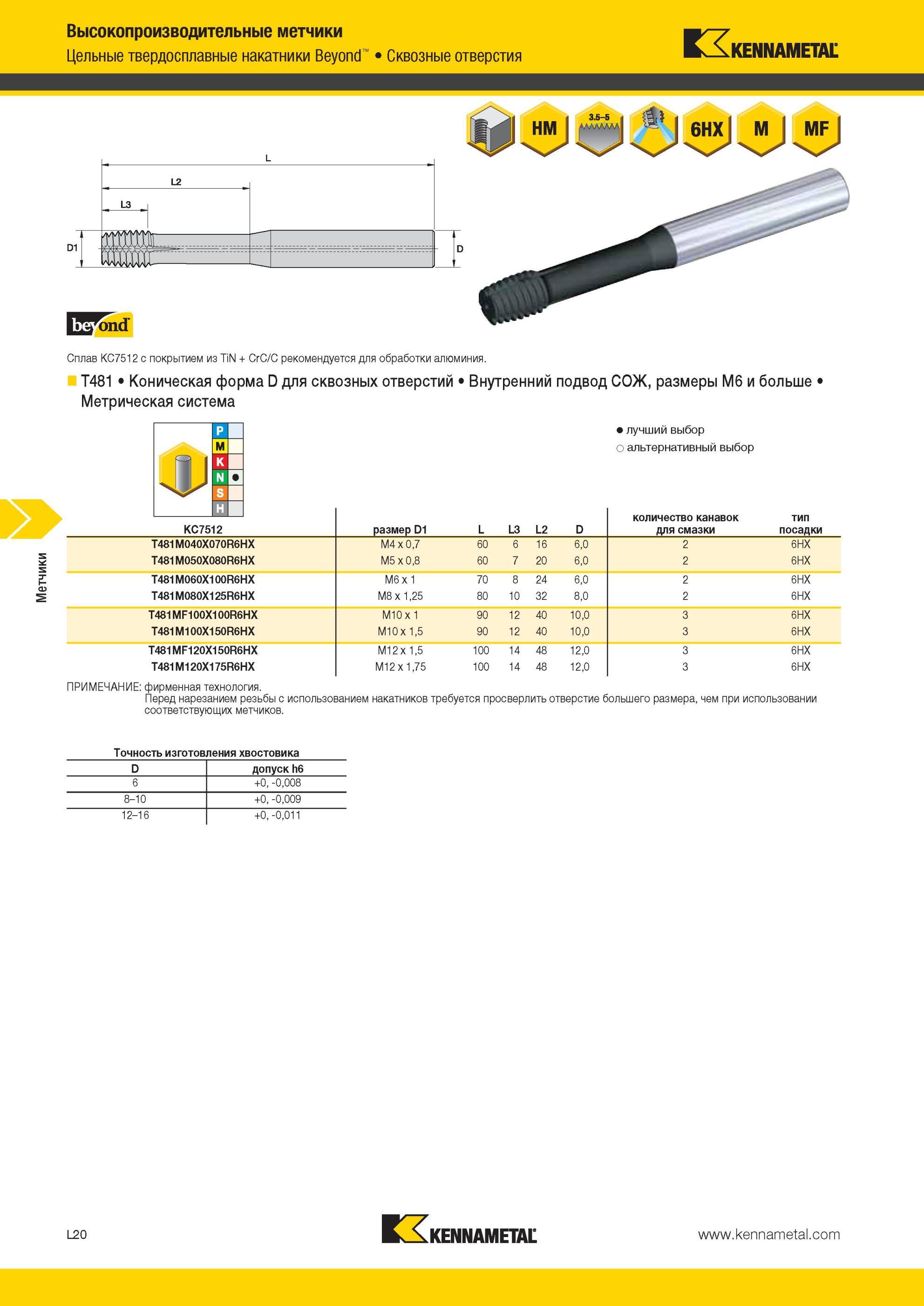 1274 Цельные твердосплавные накатники Kennametal Beyond Сквозные отверстия L2 L3 Сплав KC7512 с покрытием из TiN + CrC/C рекомендуется для обработки алюмин Мастер-каталог KENNAMETAL 2013 Металлорежущий инструмент Точение Обработка отверстий Фрезерование Стр. L20