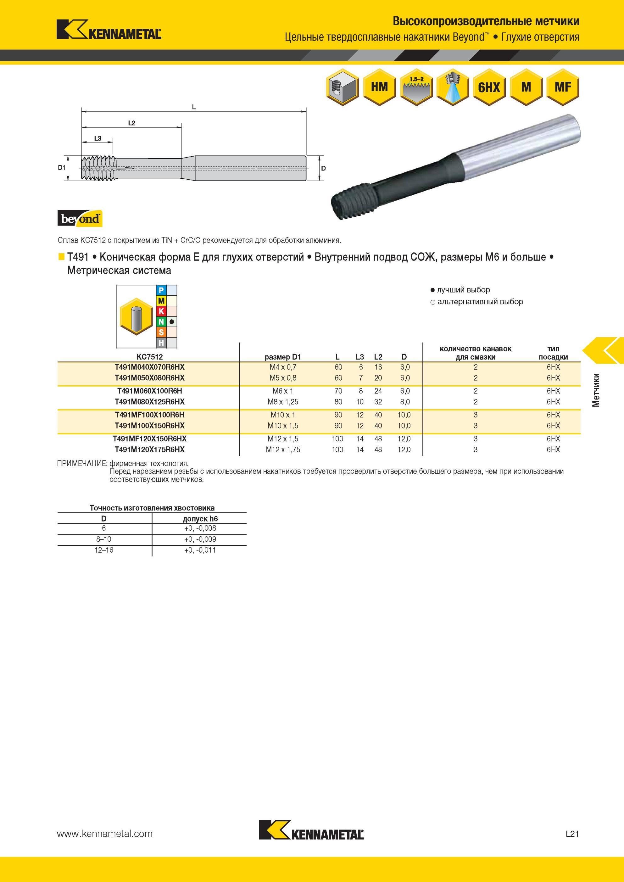 1275 Цельные твердосплавные накатники Kennametal Beyond Глухие отверстия Сплав KC7512 с покрытием из TiN + CrC/C рекомендуется для обработки алюминия T491 Мастер-каталог KENNAMETAL 2013 Металлорежущий инструмент Точение Обработка отверстий Фрезерование Стр. L21