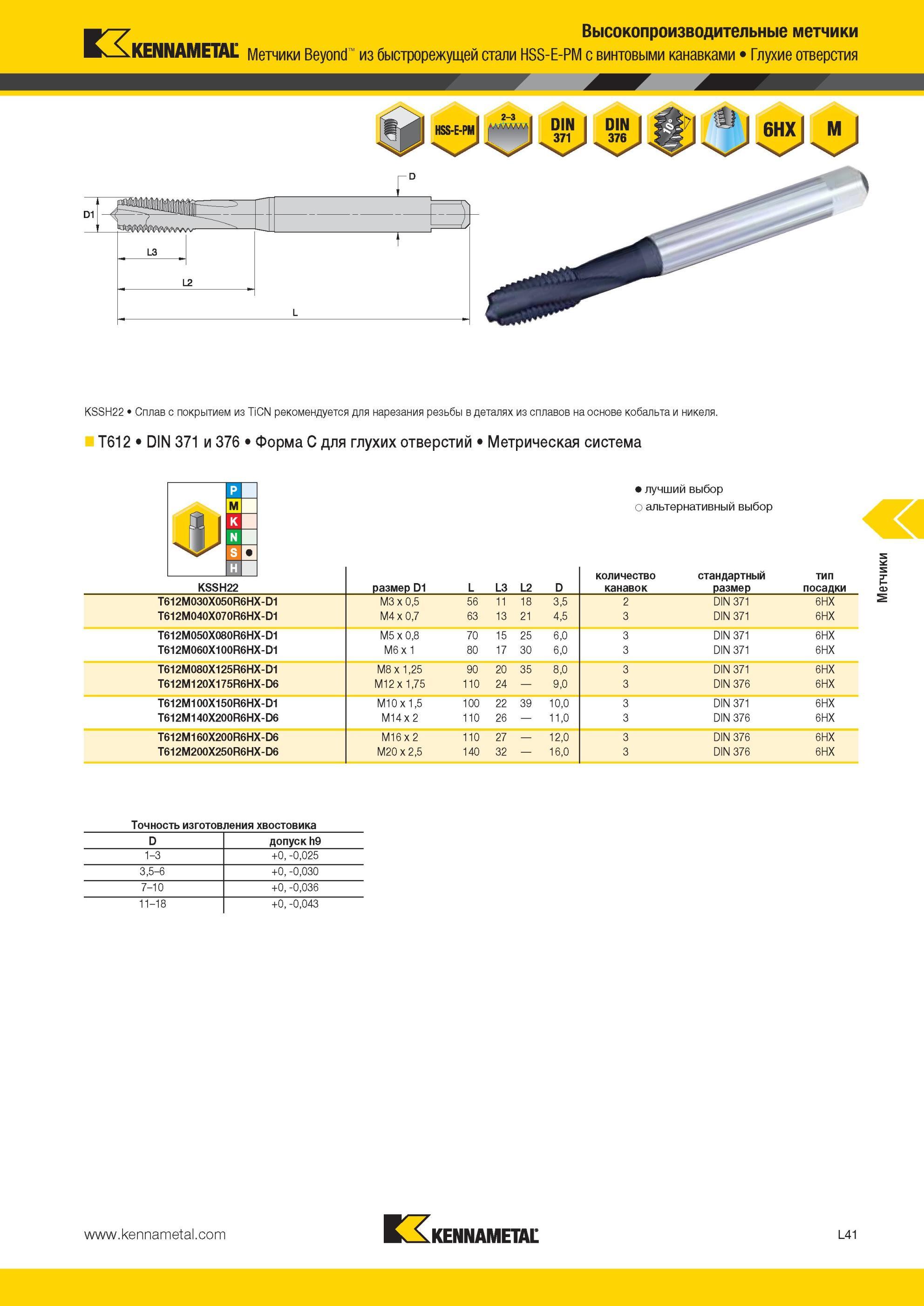 1295 Высокопроизводительные Метчики Kennametal Beyond из быстрорежущей стали HSS-E-PM с винтовыми канавками Глухие отверстия KSSH22 Сплав с покрытием из Ti Мастер-каталог KENNAMETAL 2013 Металлорежущий инструмент Точение Обработка отверстий Фрезерование Стр. L41