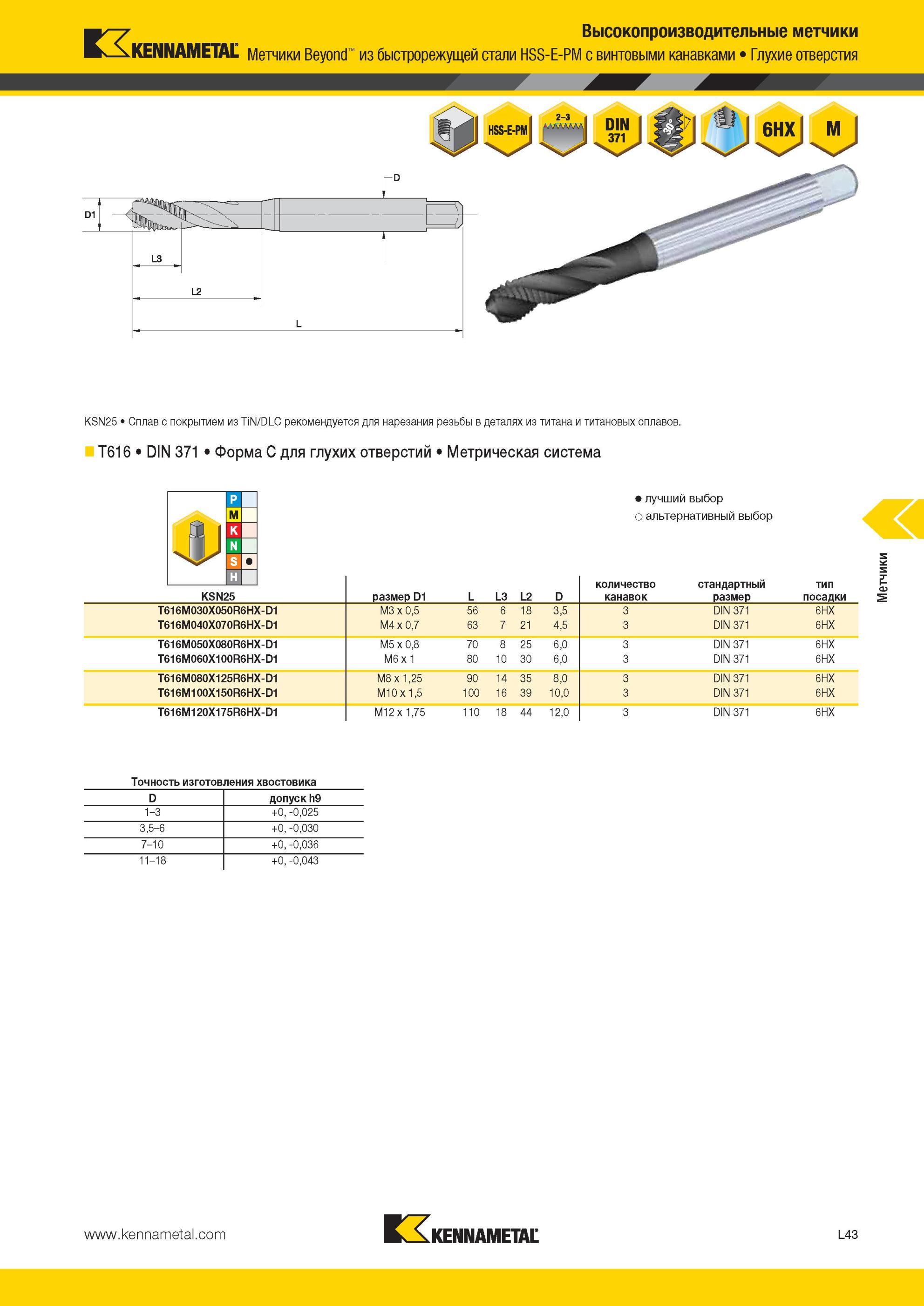 1297 Высокопроизводительные Метчики Kennametal Beyond из быстрорежущей стали HSS-E-PM с винтовыми канавками Глухие отверстия KSN25 Сплав с покрытием из TiN Мастер-каталог KENNAMETAL 2013 Металлорежущий инструмент Точение Обработка отверстий Фрезерование Стр. L43