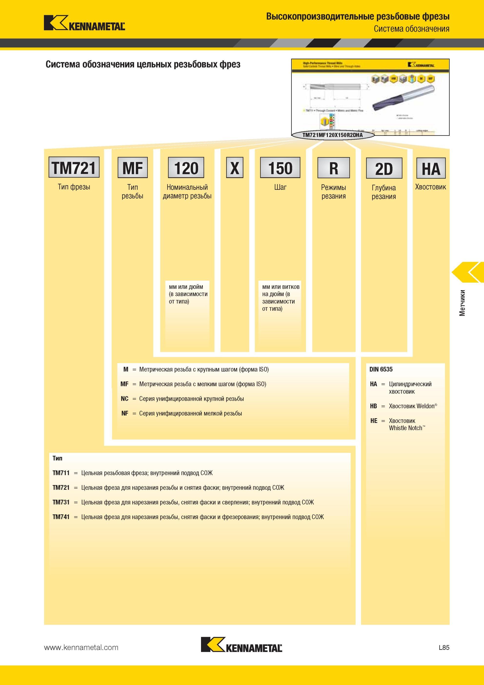 1339 Система обозначения цельных резьбовых фрез Kennametal Тип фрезы TM721 MF 120 X 150 Тип Номинальный резьбы диаметр резьбы Шаг R HA Режимы резания Глуби Мастер-каталог KENNAMETAL 2013 Металлорежущий инструмент Точение Обработка отверстий Фрезерование Стр. L85