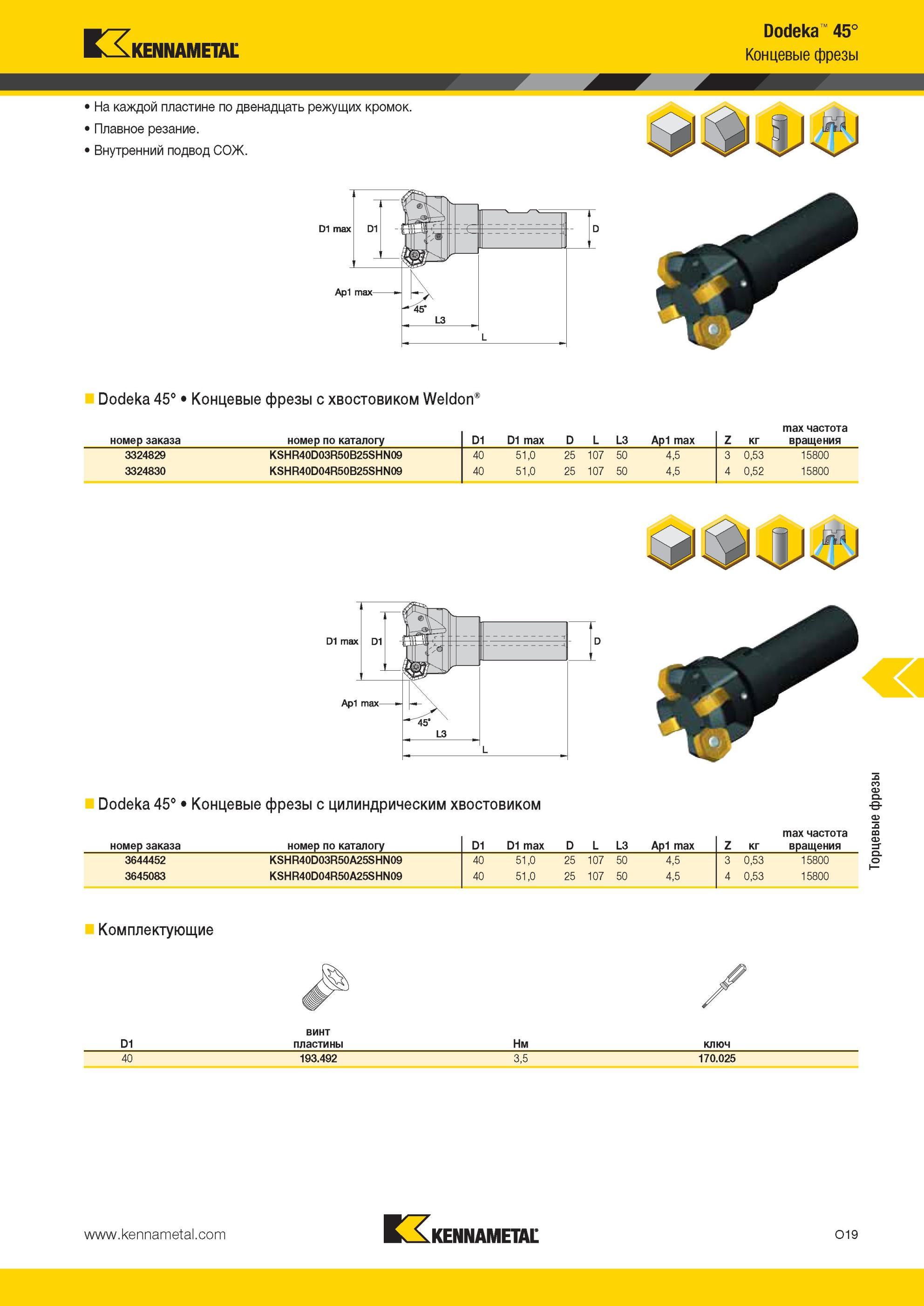 1555 Dodeka 45° Концевые фрезы Kennametal с хвостовиком Weldon Dodeka 45° На каждой пластине по двенадцать режущих кромок Плавное резание Внутренний подвод Мастер-каталог KENNAMETAL 2013 Металлорежущий инструмент Точение Обработка отверстий Фрезерование Стр. O19