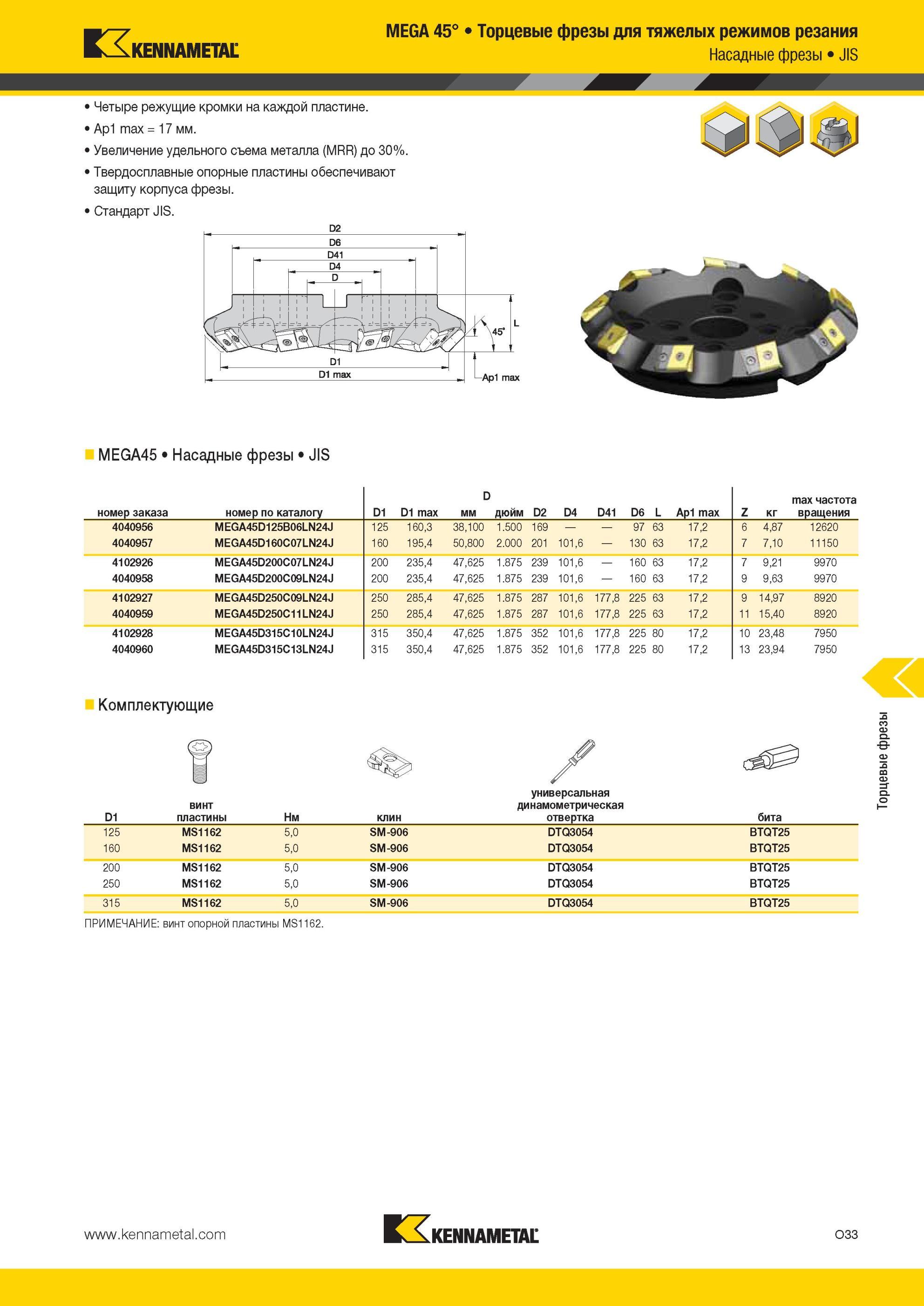 1569 Насадные фрезы Kennametal JIS MEGA 45° Торцевые для тяжелых режимов резания Четыре режущие кромки на каждой пластине Ap1 max = 17 мм Увеличение удельн Мастер-каталог KENNAMETAL 2013 Металлорежущий инструмент Точение Обработка отверстий Фрезерование Стр. O33