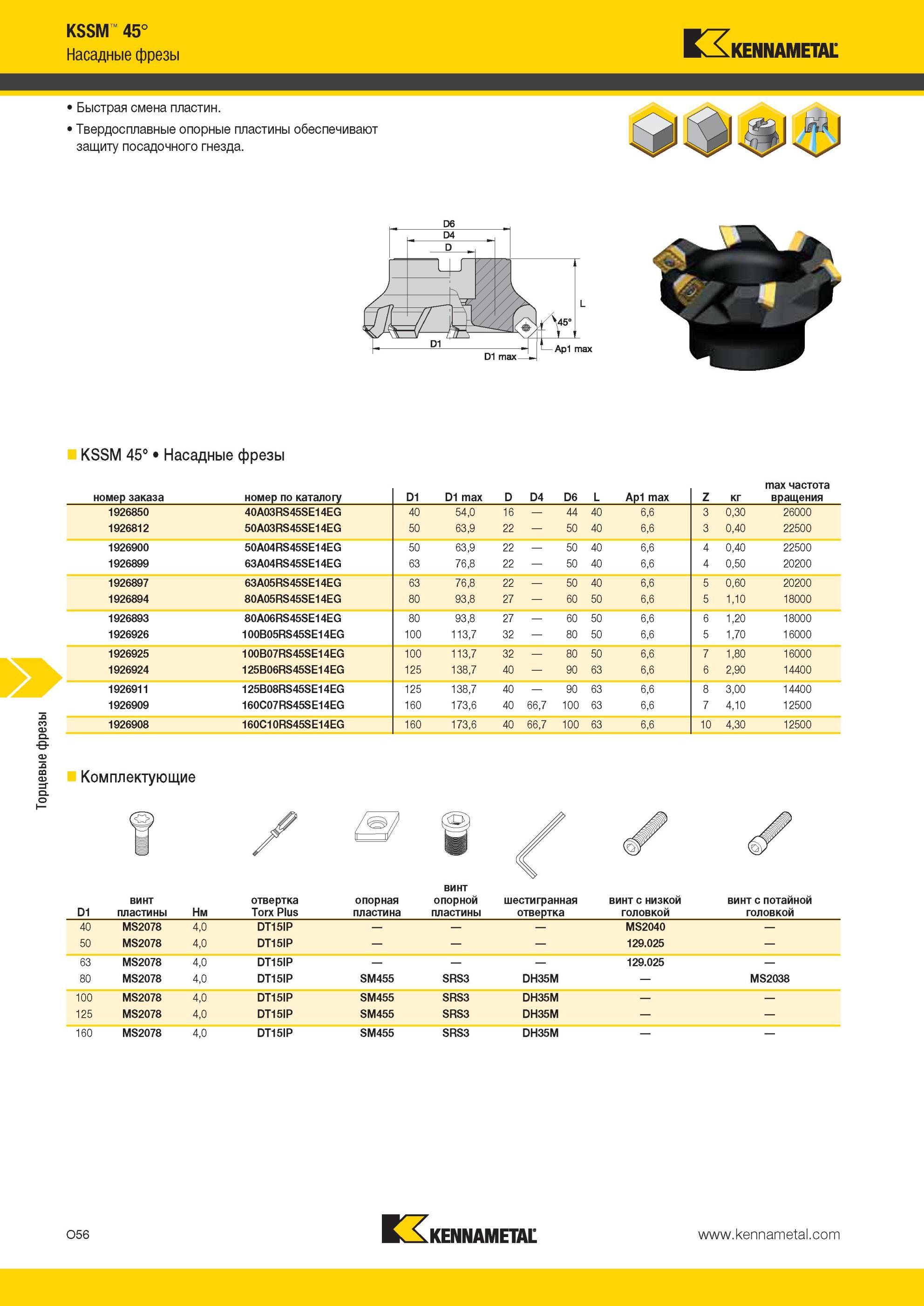 1592 Твердосплавные опорные пластины Kennametal Торцевые Насадные фрезы KSSM 45° Быстрая смена пластин обеспечивают защиту посадочного гнезда KSSM 45° Наса Мастер-каталог KENNAMETAL 2013 Металлорежущий инструмент Точение Обработка отверстий Фрезерование Стр. O56