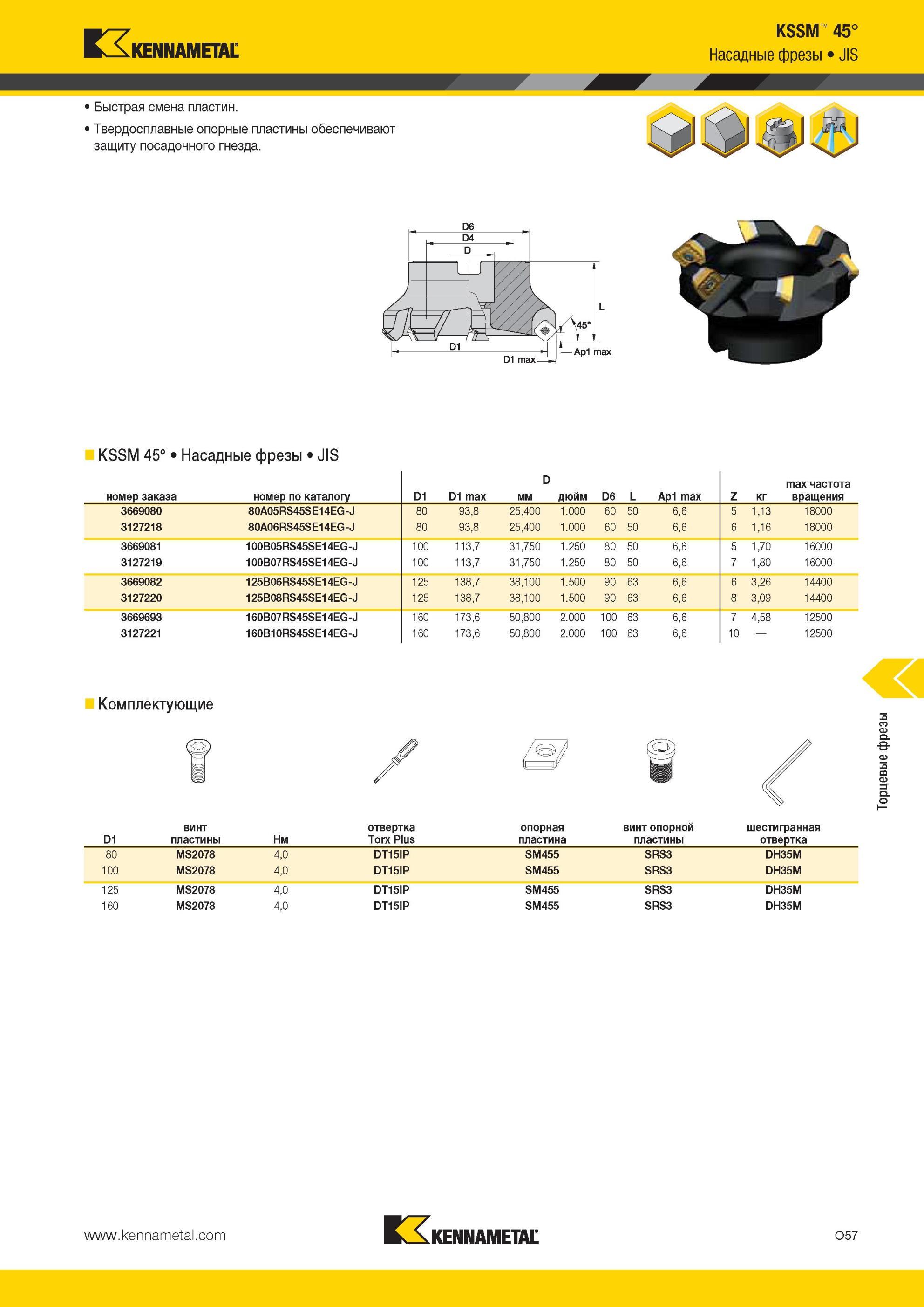 1593 Твердосплавные опорные пластины Kennametal обеспечивают защиту посадочного гнезда KSSM 45° Насадные фрезы JIS Быстрая смена пластин KSSM 45° Насадные Мастер-каталог KENNAMETAL 2013 Металлорежущий инструмент Точение Обработка отверстий Фрезерование Стр. O57