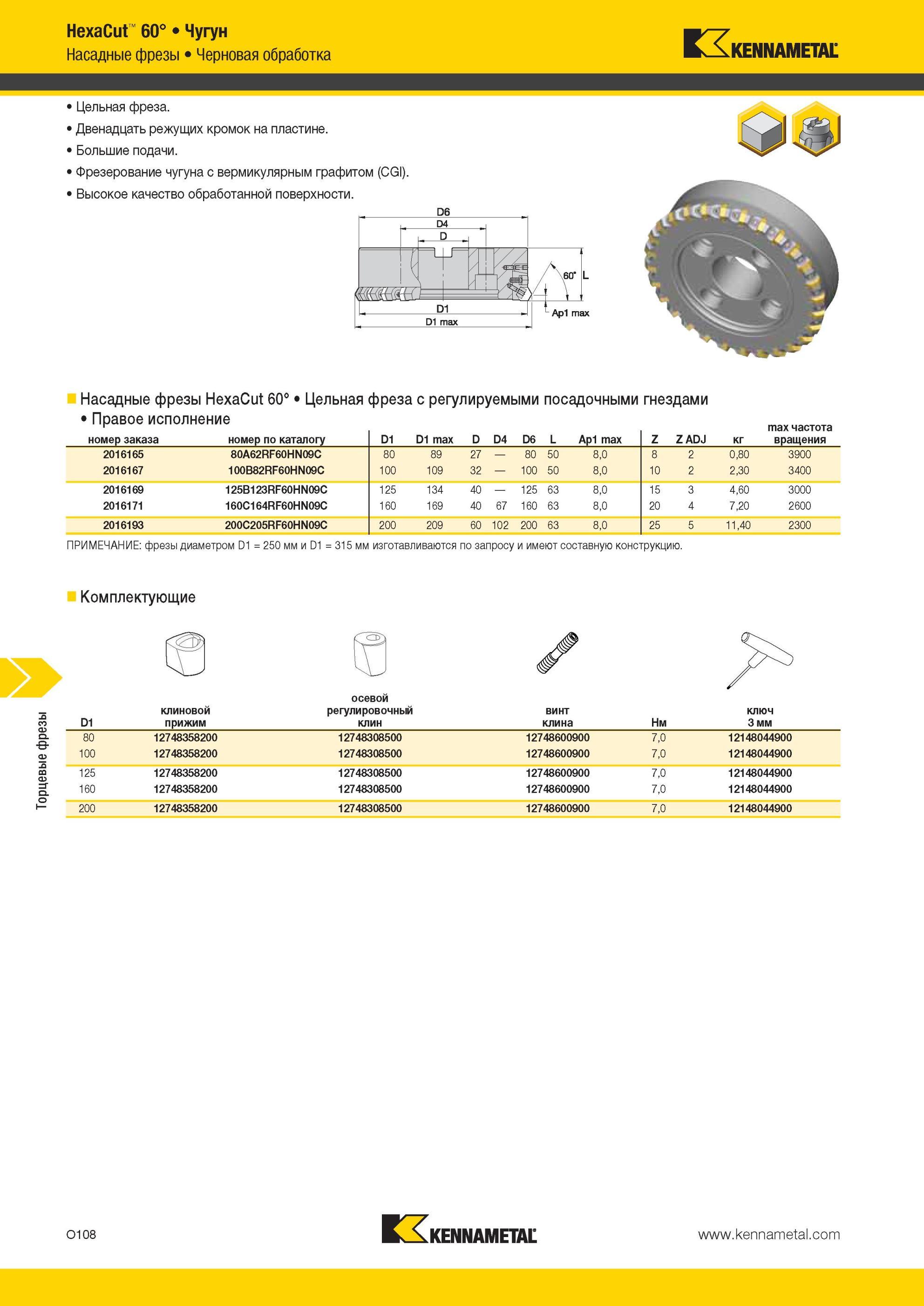 1644 Торцевые фрезы Kennametal HexaCut 60° Чугун Черновая обработка Цельная фреза Двенадцать режущих кромок на пластине Большие подачи Фрезерование чугуна Мастер-каталог KENNAMETAL 2013 Металлорежущий инструмент Точение Обработка отверстий Фрезерование Стр. O108