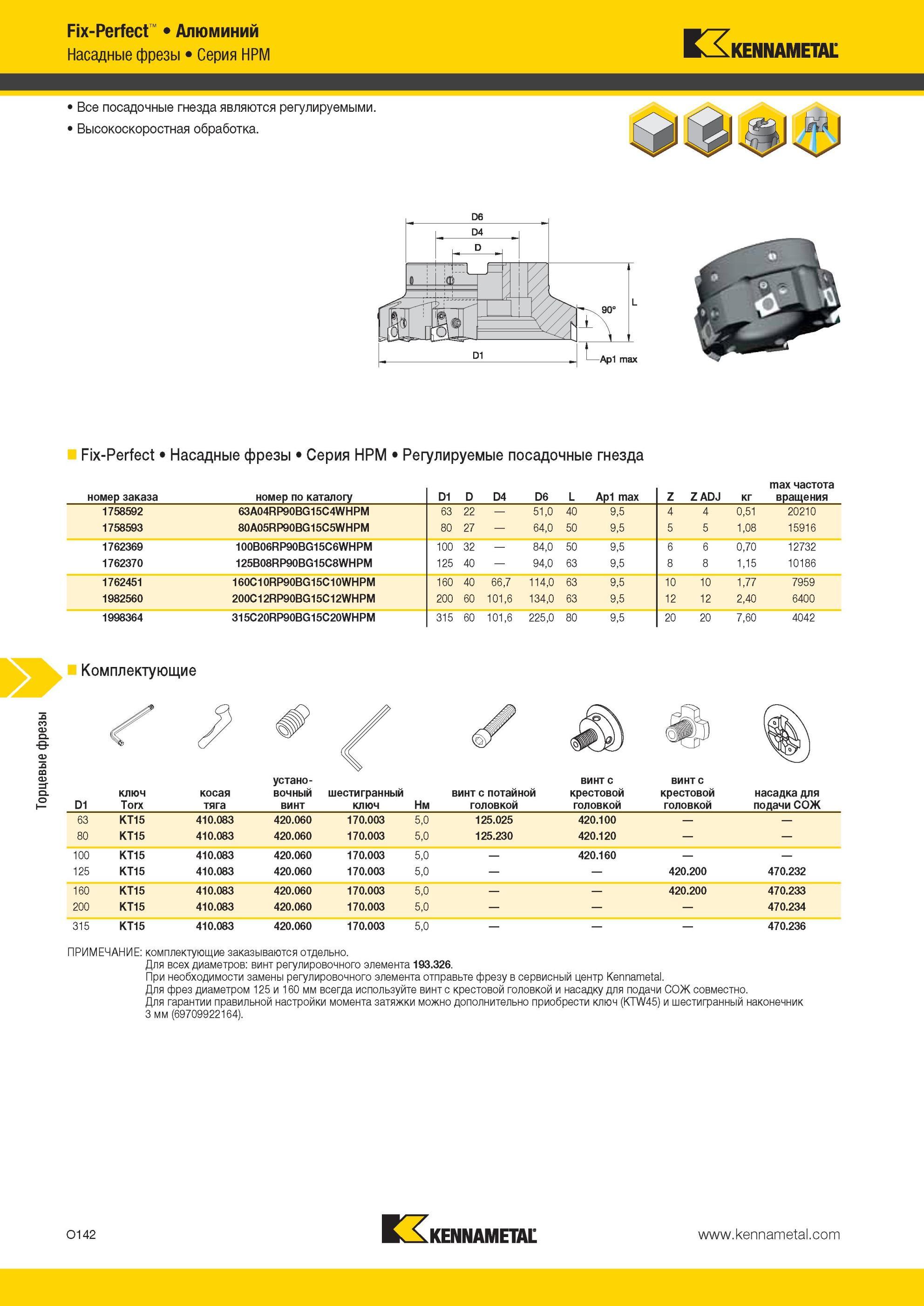 1678 Торцевые фрезы Kennametal Fix-Perfect Алюминий Насадные Серия HPM При необходимости замены регулировочного элемента отправьте фрезу в сервисный центр Мастер-каталог KENNAMETAL 2013 Металлорежущий инструмент Точение Обработка отверстий Фрезерование Стр. O142