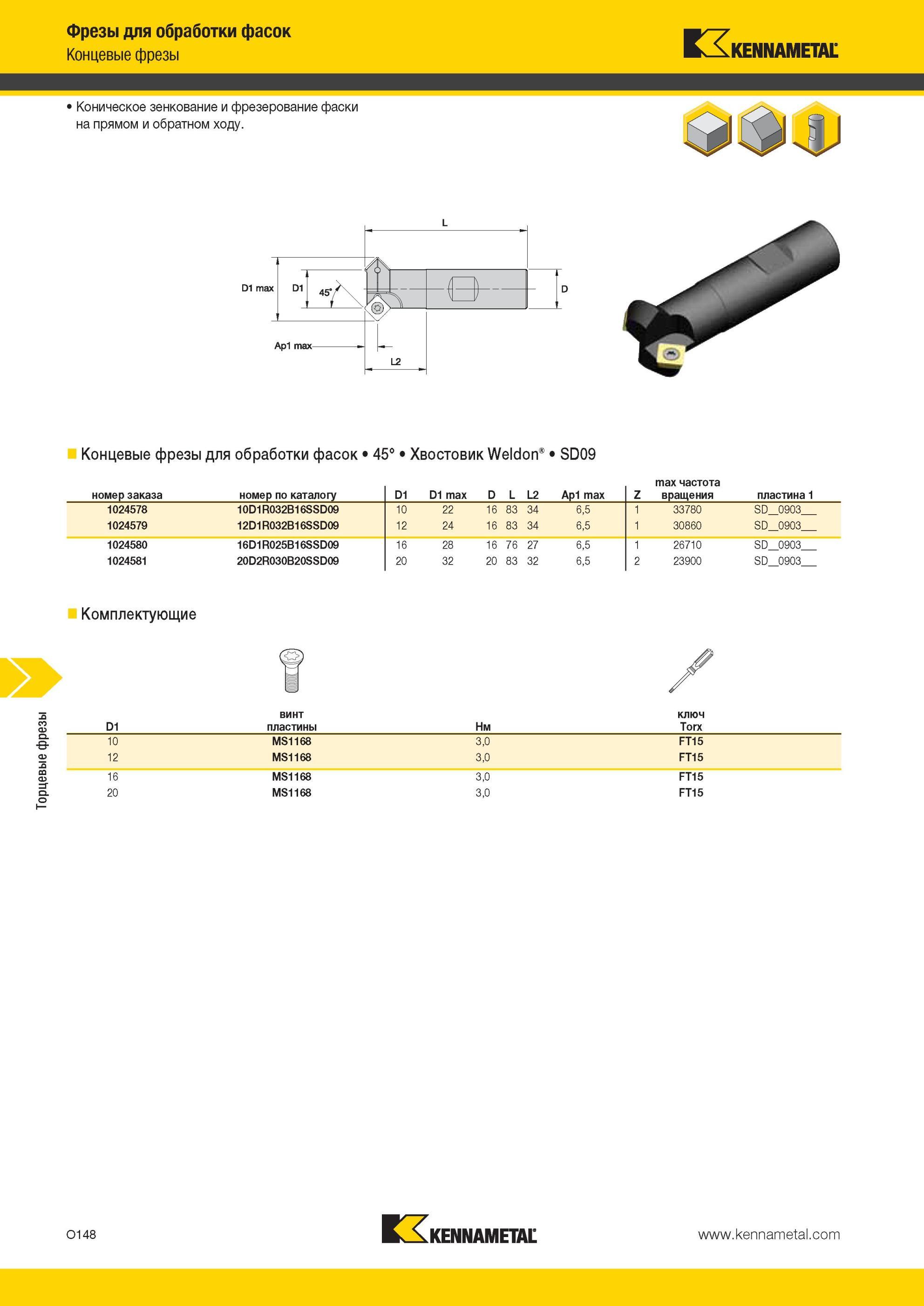 1684 Концевые фрезы Kennametal Коническое зенкование и фрезерование фаски на прямом и обратном ходу Ар1 max- Концевые фрезы для обработки фасок 45° Хвостов Мастер-каталог KENNAMETAL 2013 Металлорежущий инструмент Точение Обработка отверстий Фрезерование Стр. O148