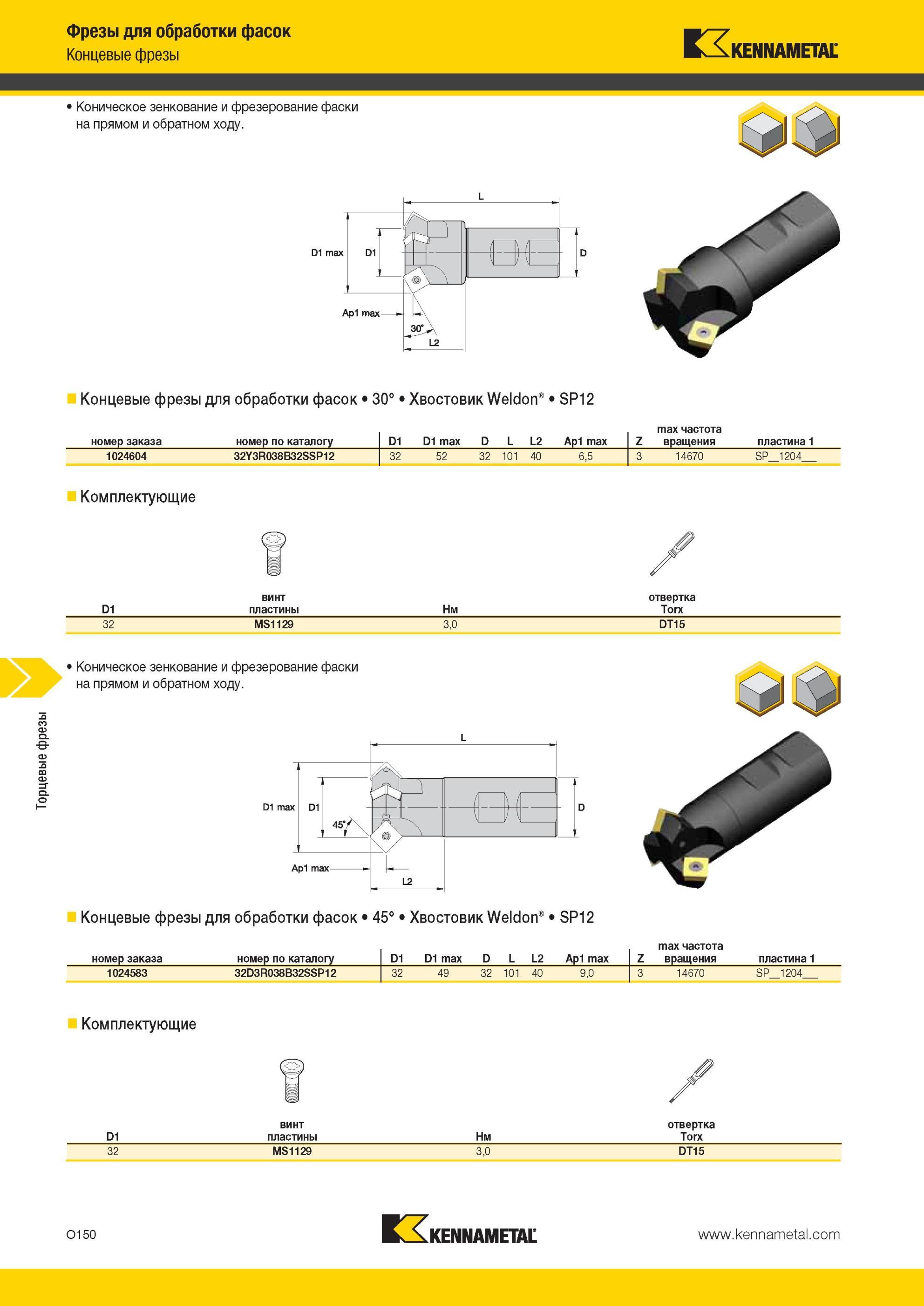 1686 Торцевые фрезы Kennametal для обработки фасок Концевые фрезы Коническое зенкование и фрезерование фаски на прямом и обратном ходу Концевые фрезы для о Мастер-каталог KENNAMETAL 2013 Металлорежущий инструмент Точение Обработка отверстий Фрезерование Стр. O150