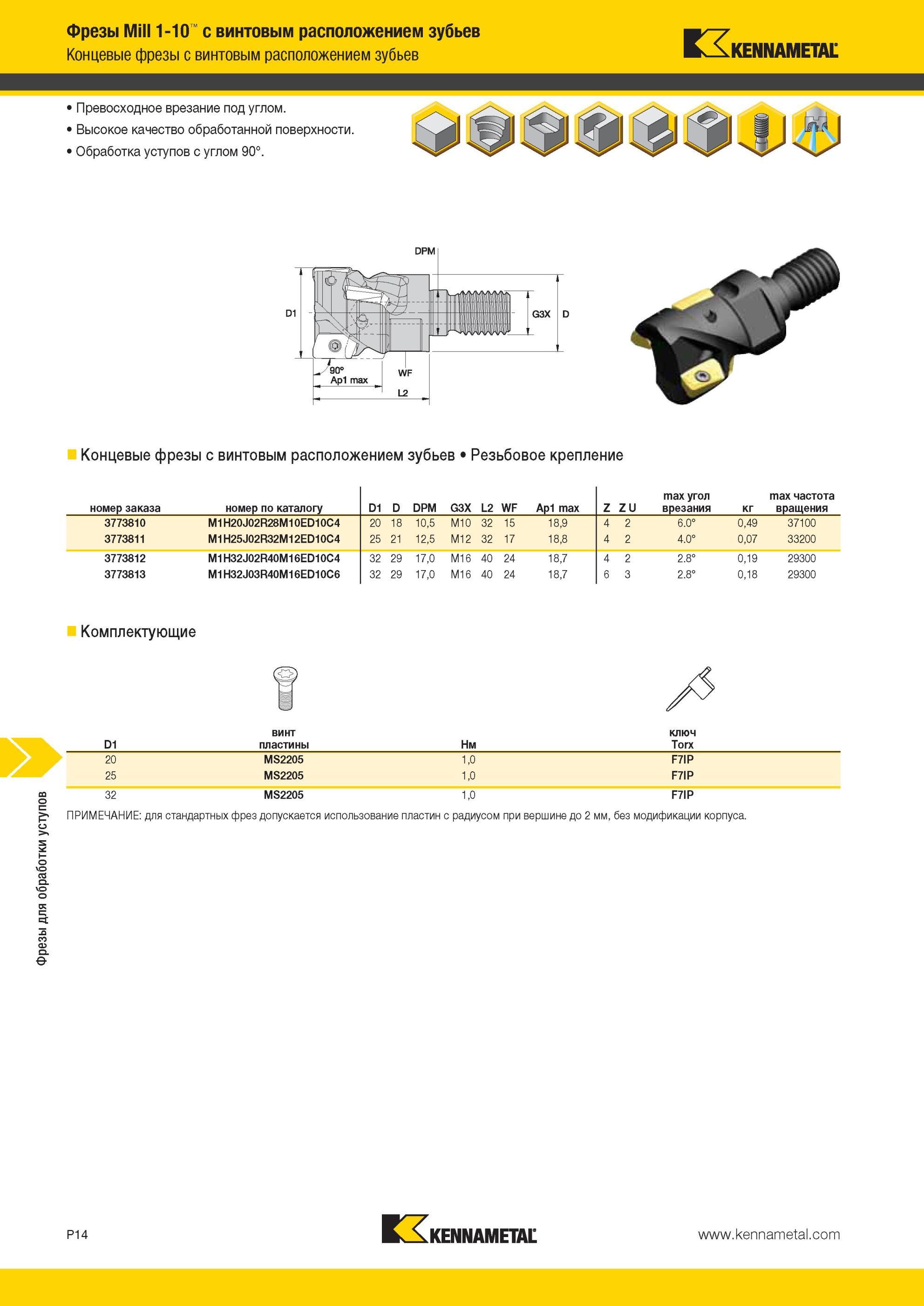 1704 Фрезы Kennametal для обработки уступов Mill 1-10 с винтовым расположением зубьев Концевые фрезы с винтовым расположением зубьев Превосходное врезание Мастер-каталог KENNAMETAL 2013 Металлорежущий инструмент Точение Обработка отверстий Фрезерование Стр. P14