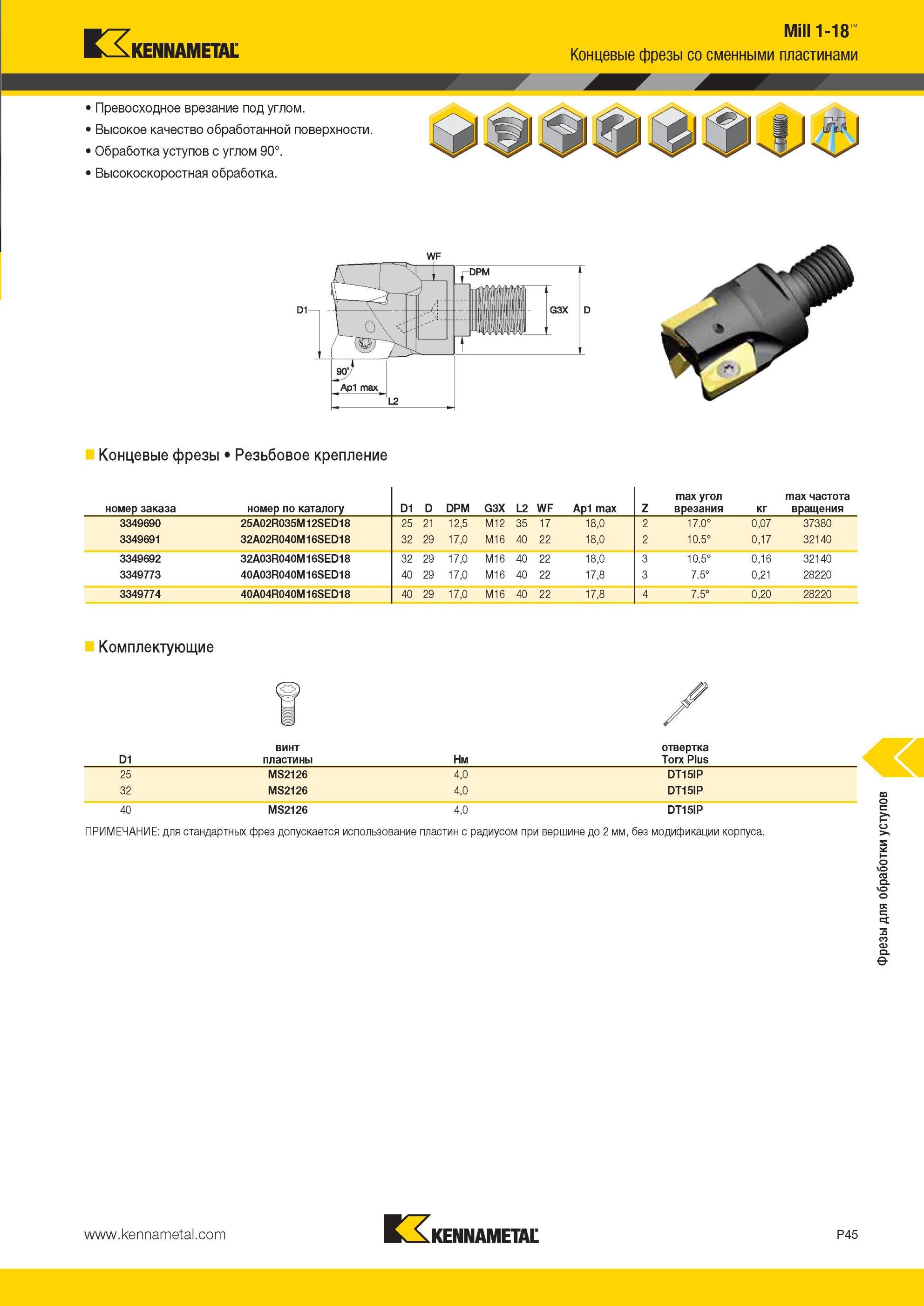 1735 Mill 1-18 Концевые фрезы Kennametal со сменными пластинами Превосходное врезание под углом Высокое качество обработанной поверхности Обработка уступов Мастер-каталог KENNAMETAL 2013 Металлорежущий инструмент Точение Обработка отверстий Фрезерование Стр. P45