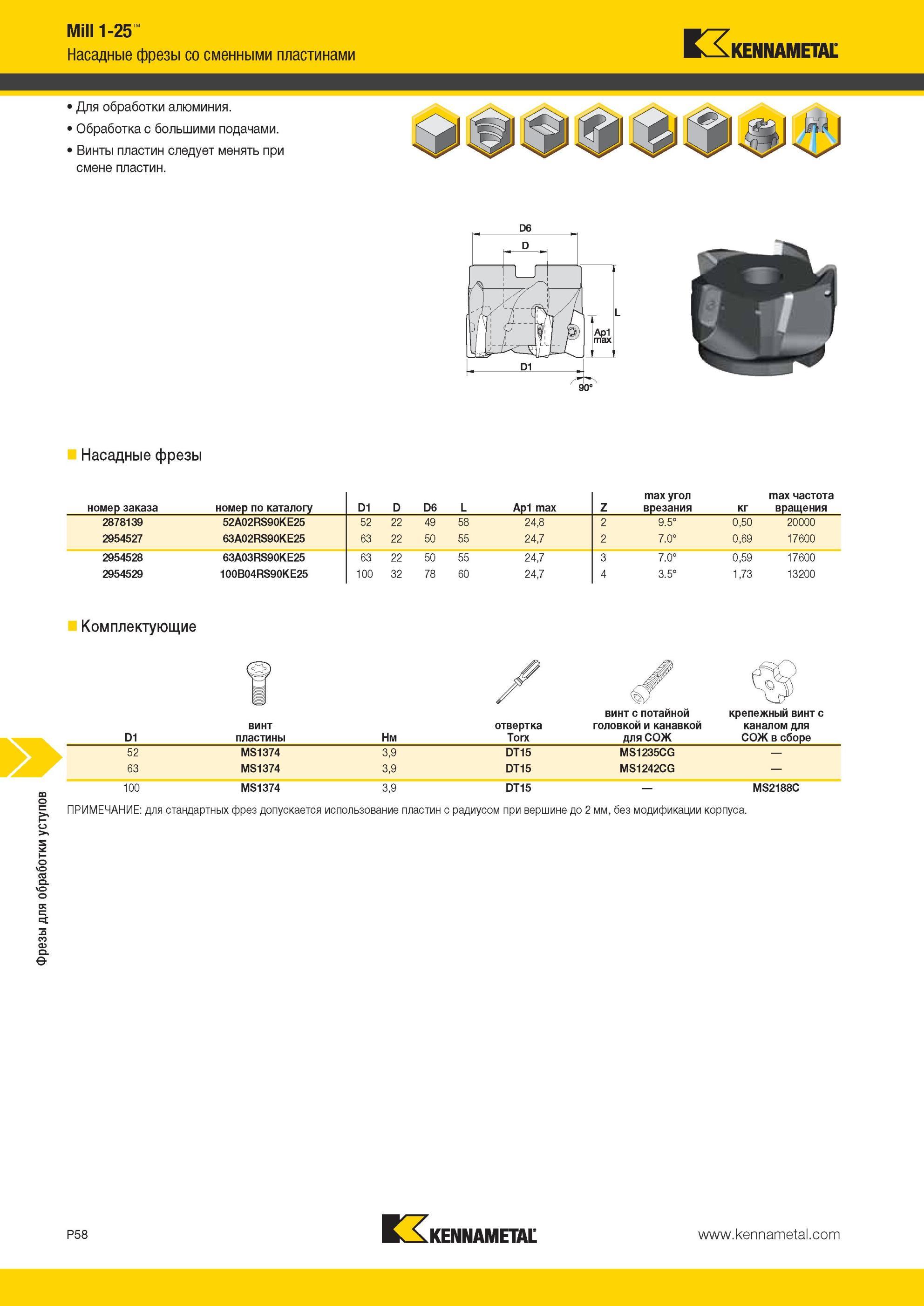 1748 Насадные фрезы Kennametal со сменными пластинами Для обработки алюминия Обработка с большими подачами Винты пластин следует менять при смене пластин D Мастер-каталог KENNAMETAL 2013 Металлорежущий инструмент Точение Обработка отверстий Фрезерование Стр. P58