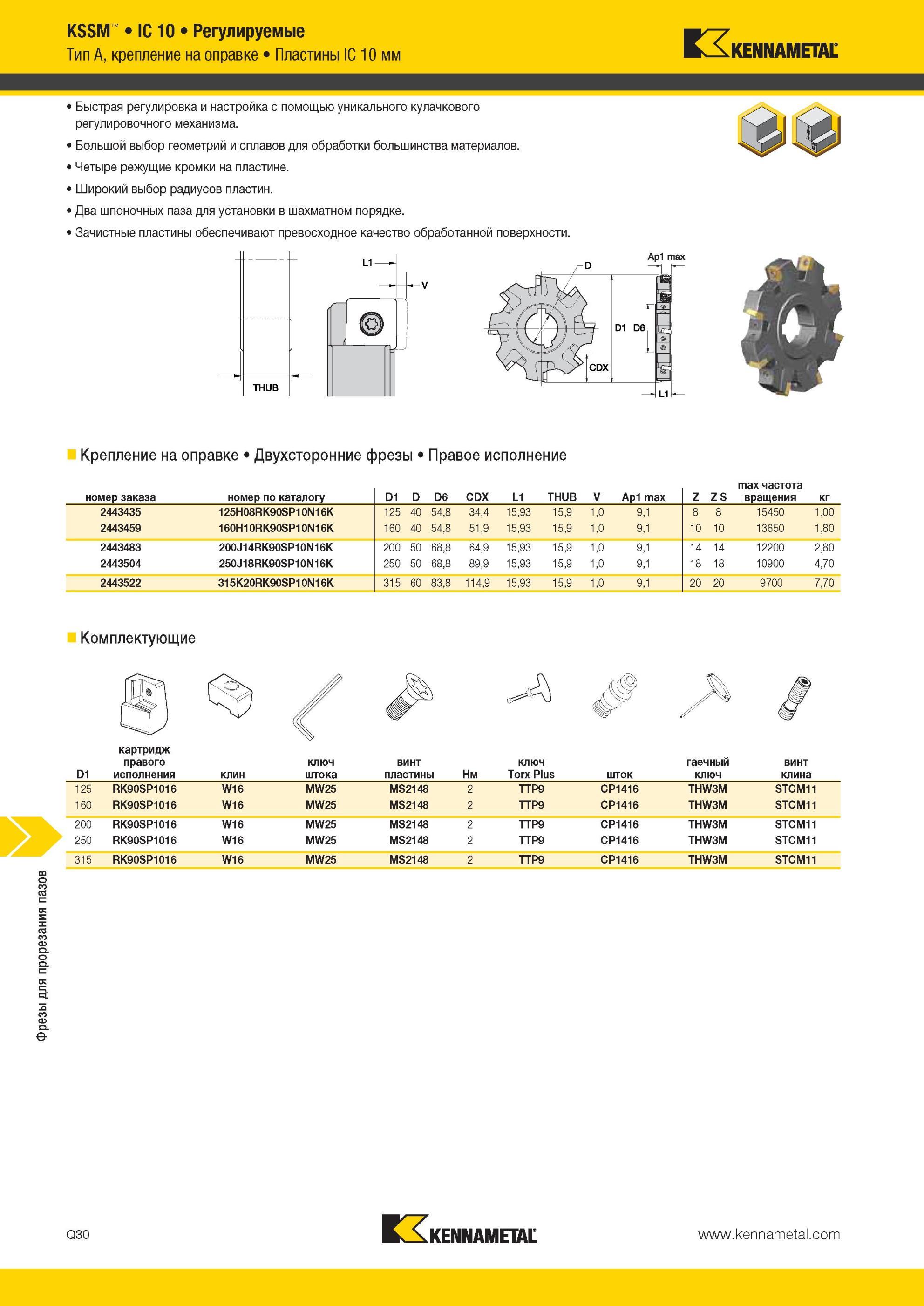 1808 Фрезы Kennametal для прорезания пазов KSSM IC 10 Регулируемые Тип A, крепление на оправке Пластины IC 10 мм Быстрая регулировка и настройка с помощью Мастер-каталог KENNAMETAL 2013 Металлорежущий инструмент Точение Обработка отверстий Фрезерование Стр. Q30