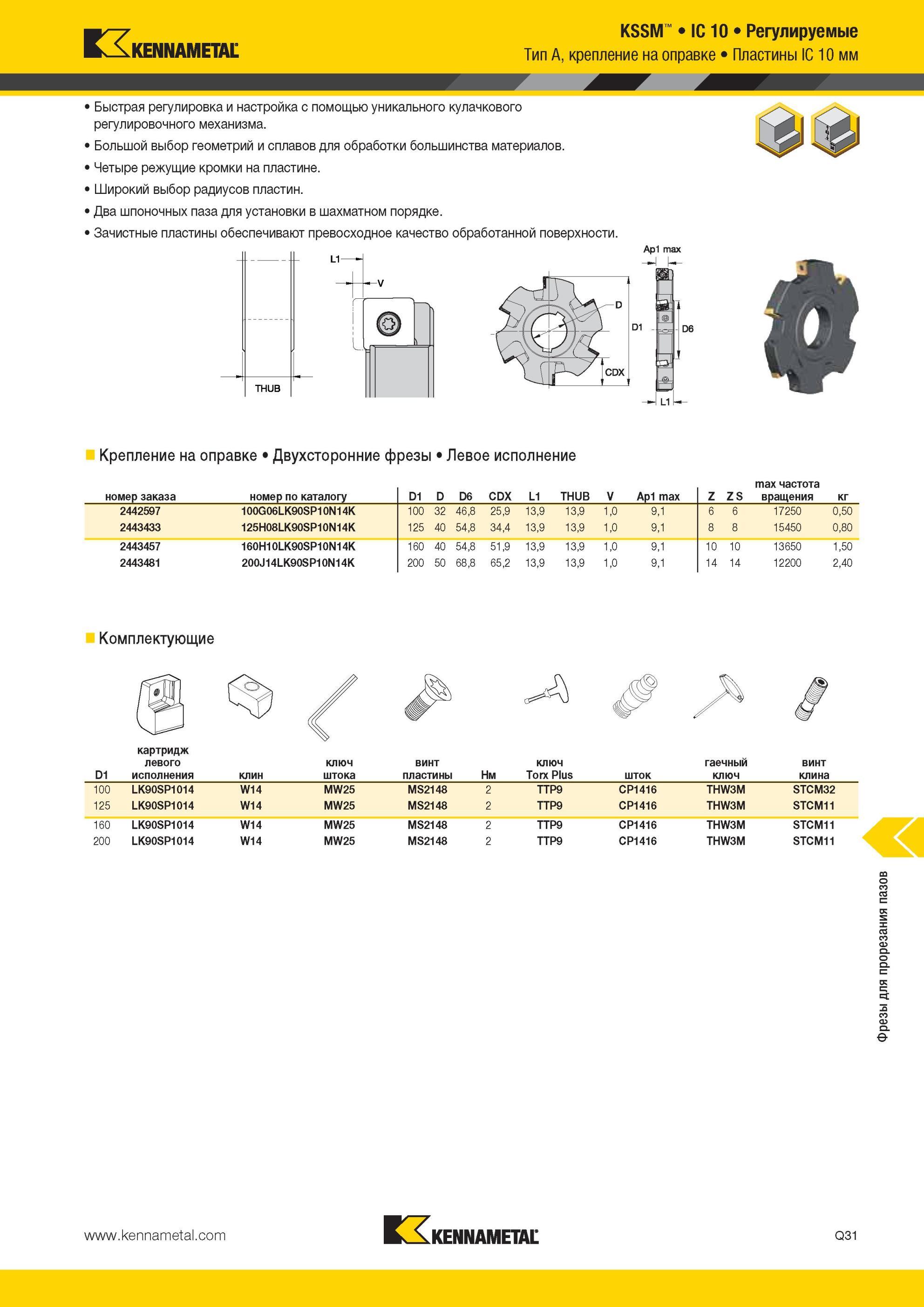 1809 Фрезы Kennametal для прорезания пазов KSSM IC 10 Регулируемые Тип A, крепление на оправке Пластины IC 10 мм Быстрая регулировка и настройка с помощью Мастер-каталог KENNAMETAL 2013 Металлорежущий инструмент Точение Обработка отверстий Фрезерование Стр. Q31