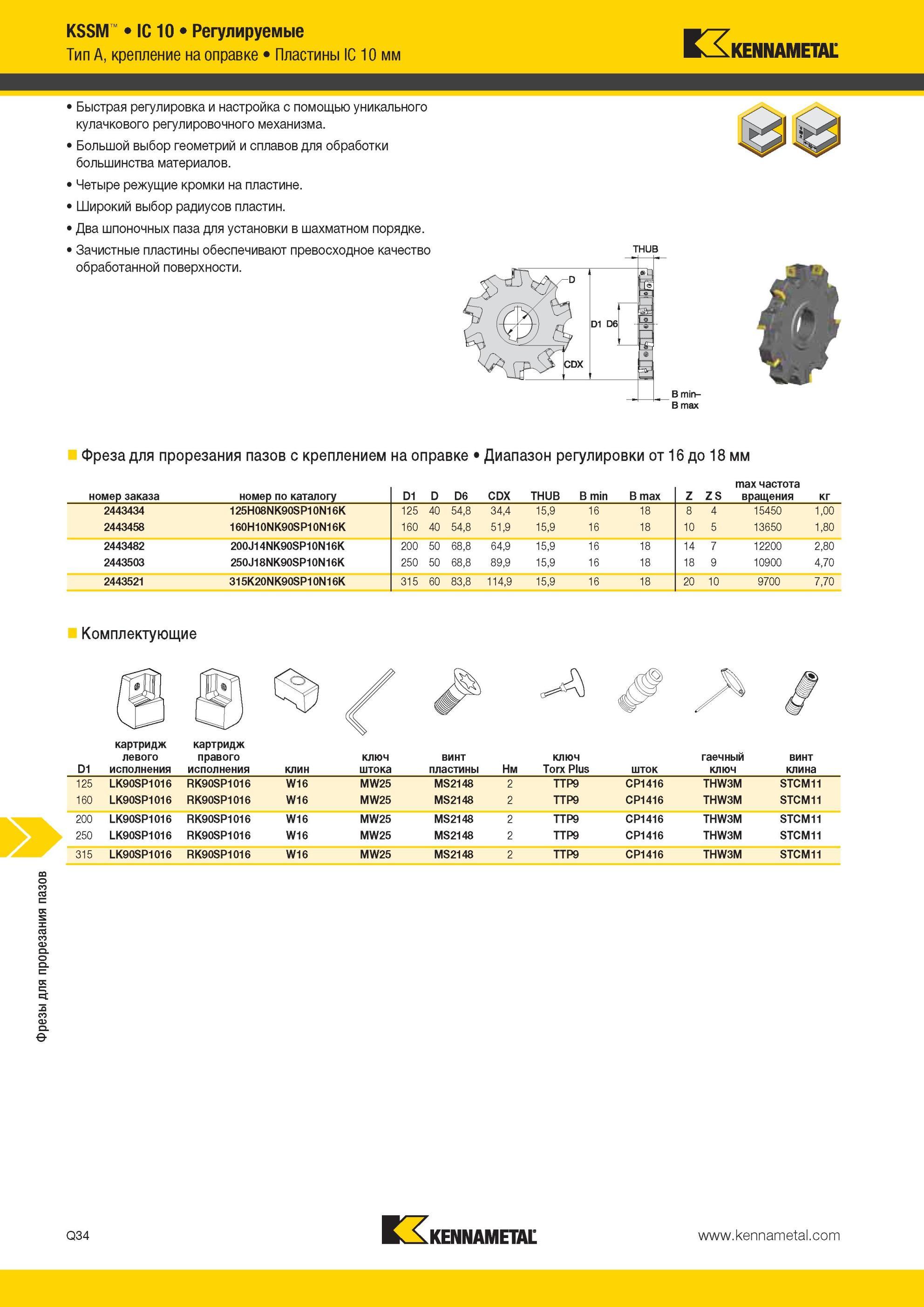 1812 Фрезы Kennametal для прорезания пазов KSSM IC 10 Регулируемые Тип A, крепление на оправке Пластины IC 10 мм Быстрая регулировка и настройка с помощью Мастер-каталог KENNAMETAL 2013 Металлорежущий инструмент Точение Обработка отверстий Фрезерование Стр. Q34