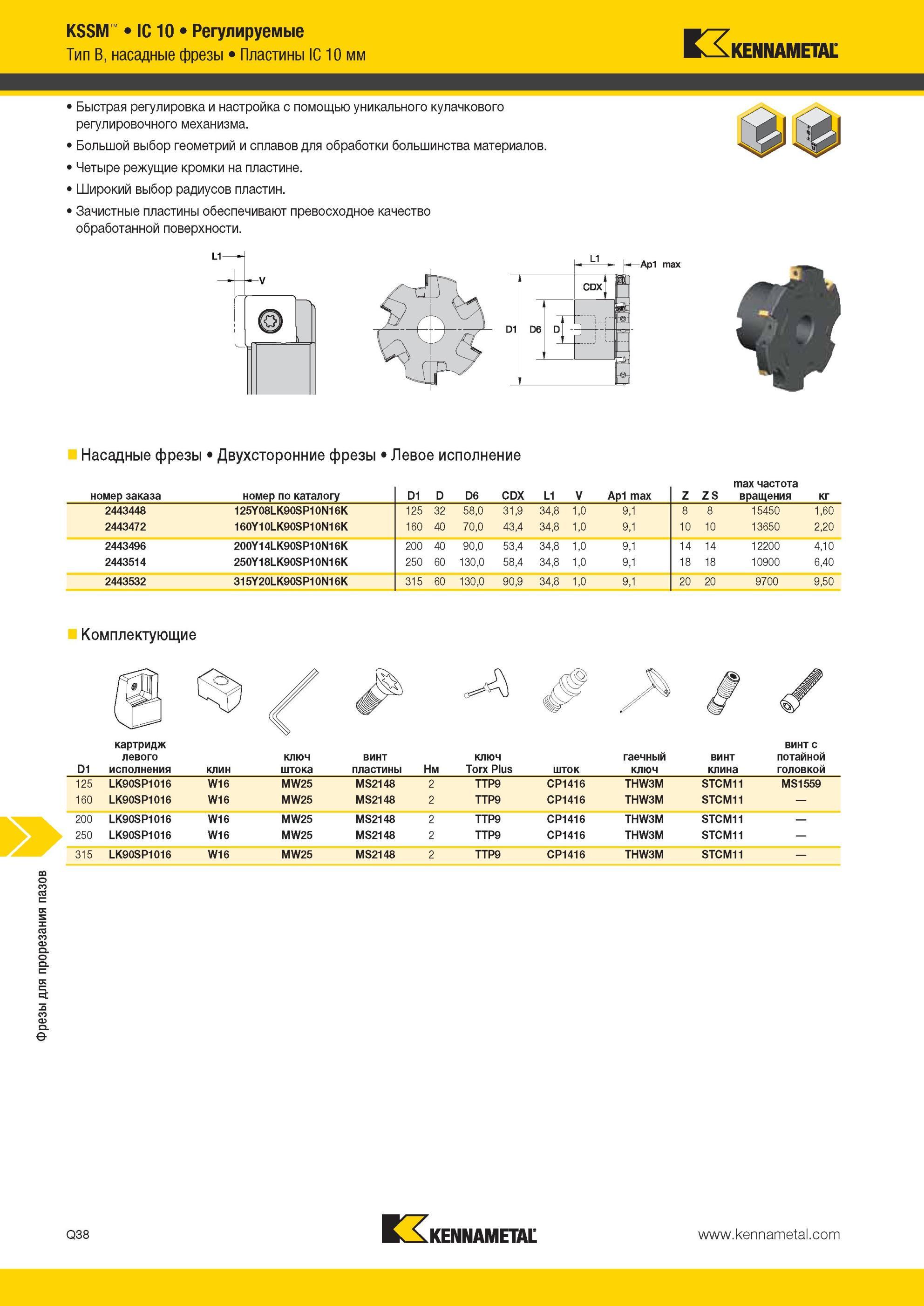 1816 Насадные Двухсторонние фрезы Kennametal для прорезания пазов KSSM IC 10 Регулируемые Тип B, насадные фрезы Пластины IC 10 мм Быстрая регулировка и нас Мастер-каталог KENNAMETAL 2013 Металлорежущий инструмент Точение Обработка отверстий Фрезерование Стр. Q38