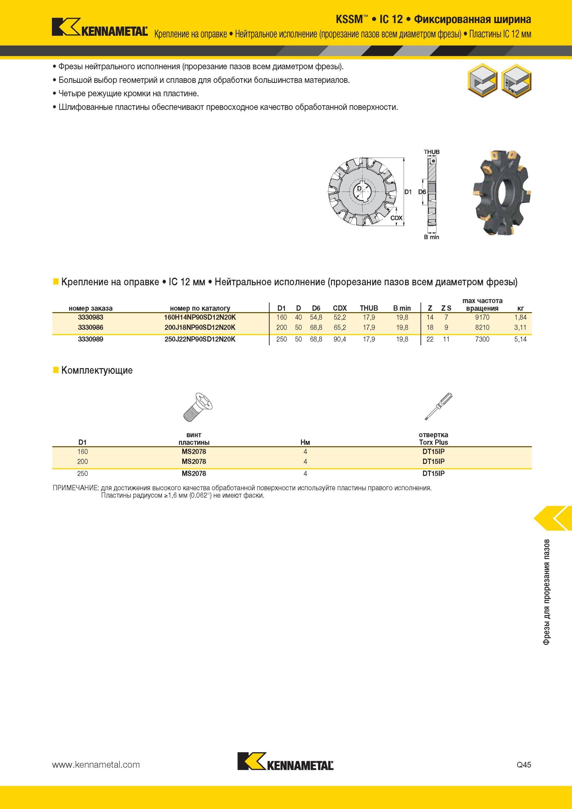 1823 Kennametal KSSM IC 12 Фиксированная ширина Крепление на оправке Нейтральное исполнение (прорезание пазов всем диаметром фрезы) Пластины IC 12 мм 1 Фре Мастер-каталог KENNAMETAL 2013 Металлорежущий инструмент Точение Обработка отверстий Фрезерование Стр. Q45