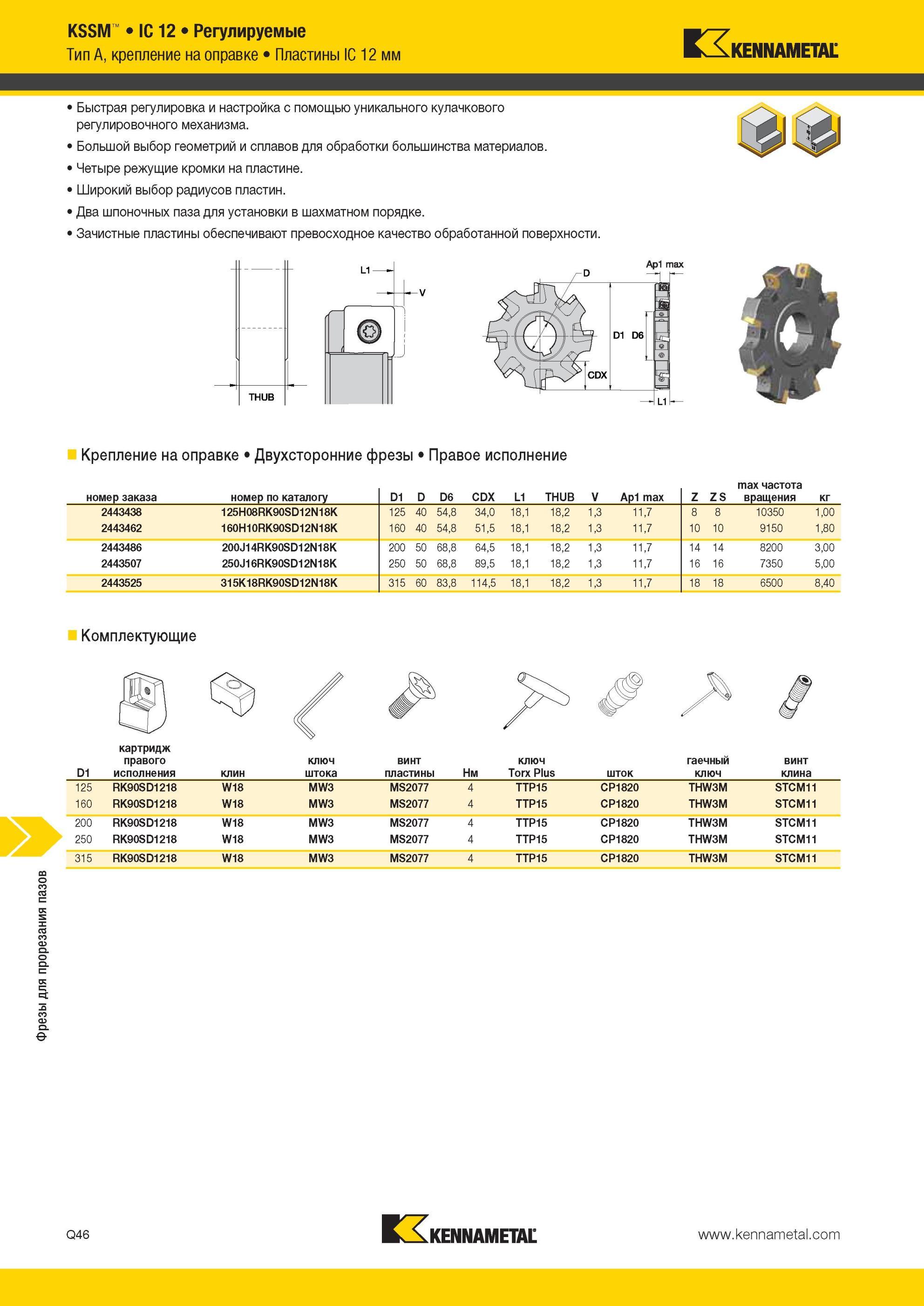 1824 Фрезы Kennametal для прорезания пазов KSSM IC 12 Регулируемые Тип A, крепление на оправке Пластины IC 12 мм Быстрая регулировка и настройка с помощью Мастер-каталог KENNAMETAL 2013 Металлорежущий инструмент Точение Обработка отверстий Фрезерование Стр. Q46
