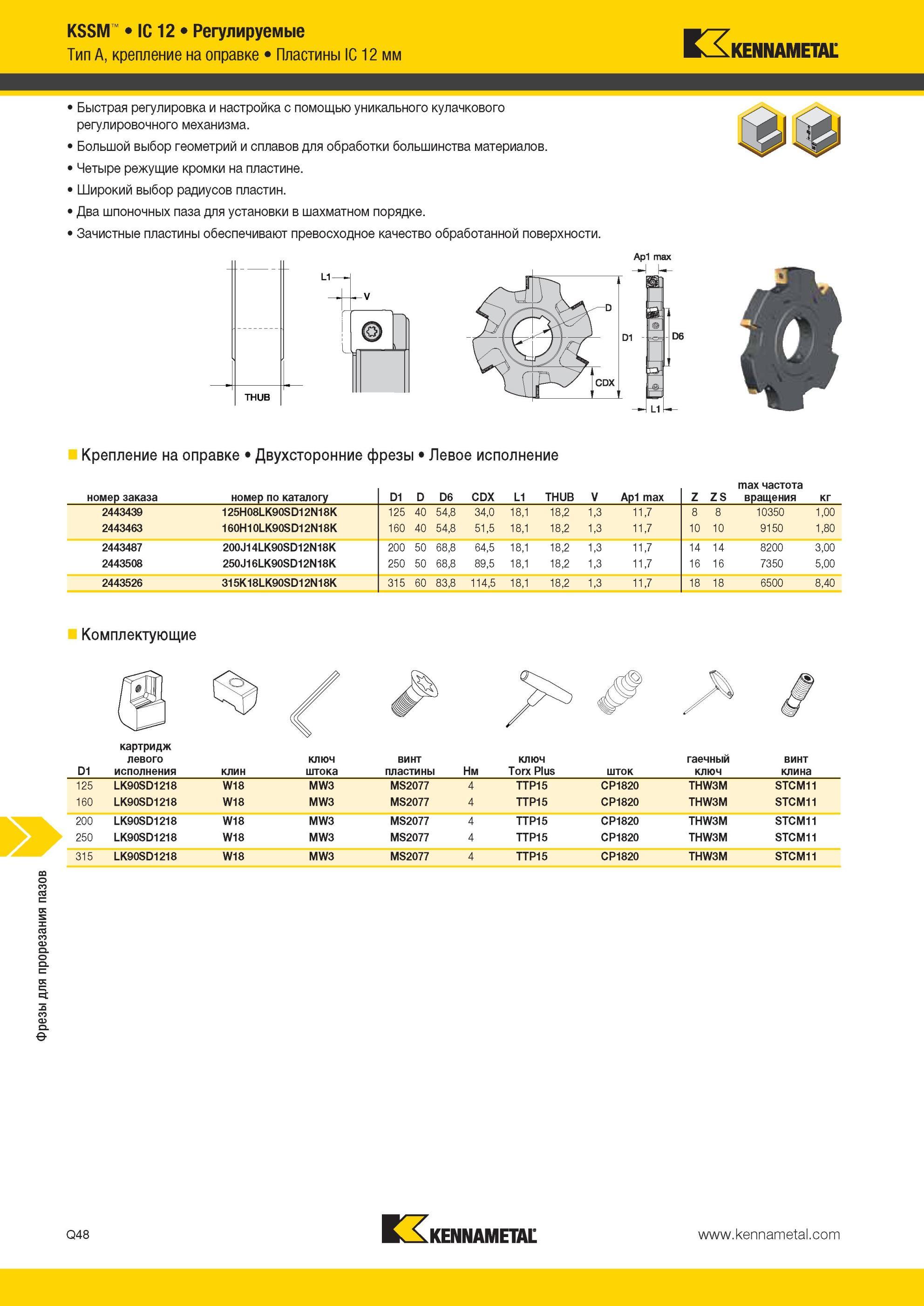 1826 Фрезы Kennametal для прорезания пазов KSSM IC 12 Регулируемые Тип A, крепление на оправке Пластины IC 12 мм Быстрая регулировка и настройка с помощью Мастер-каталог KENNAMETAL 2013 Металлорежущий инструмент Точение Обработка отверстий Фрезерование Стр. Q48