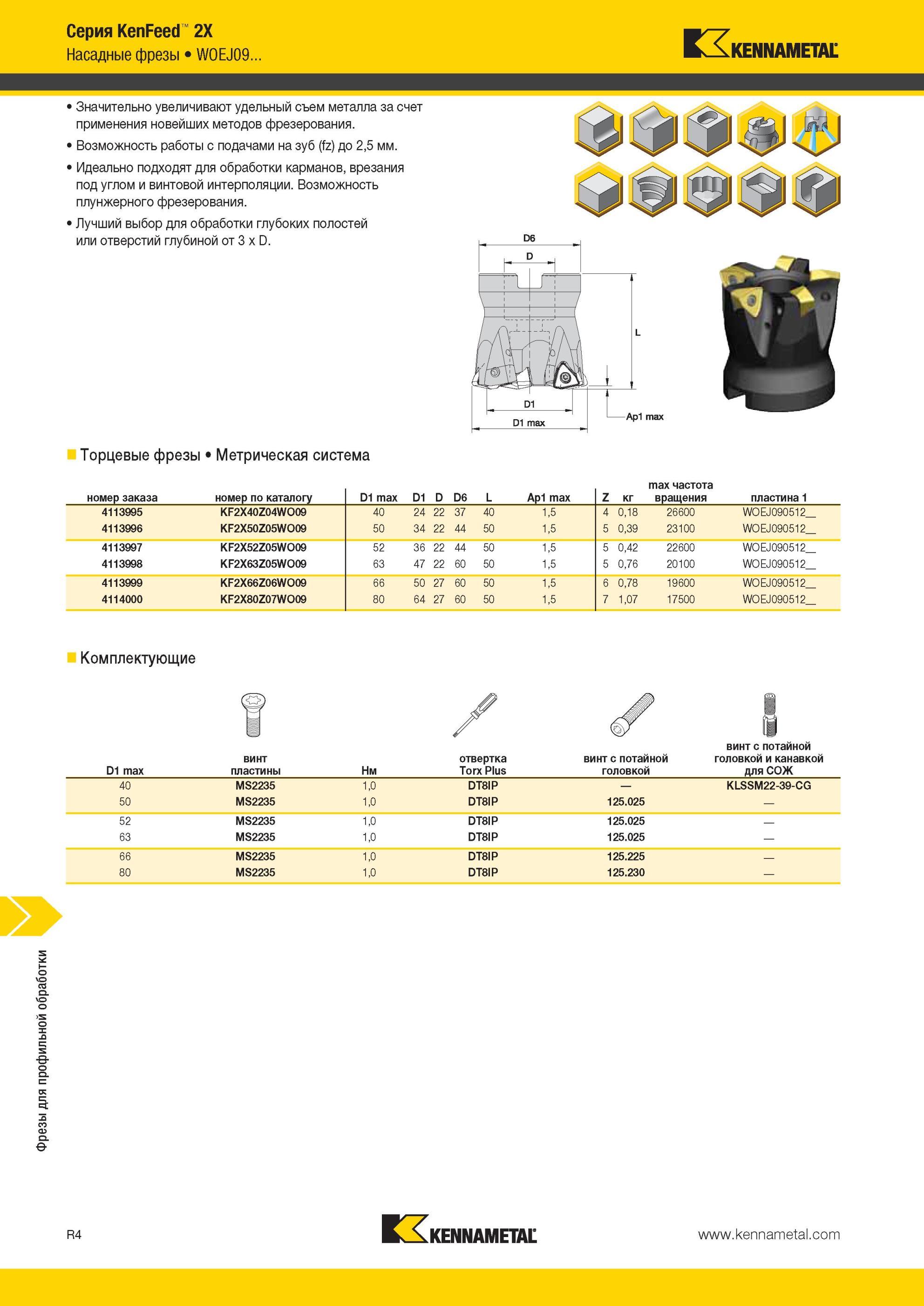 1844 Насадные фрезы Kennametal WOEJ09 Значительно увеличивают удельный съем металла за счет применения новейших методов фрезерования Возможность работы с п Мастер-каталог KENNAMETAL 2013 Металлорежущий инструмент Точение Обработка отверстий Фрезерование Стр. R4