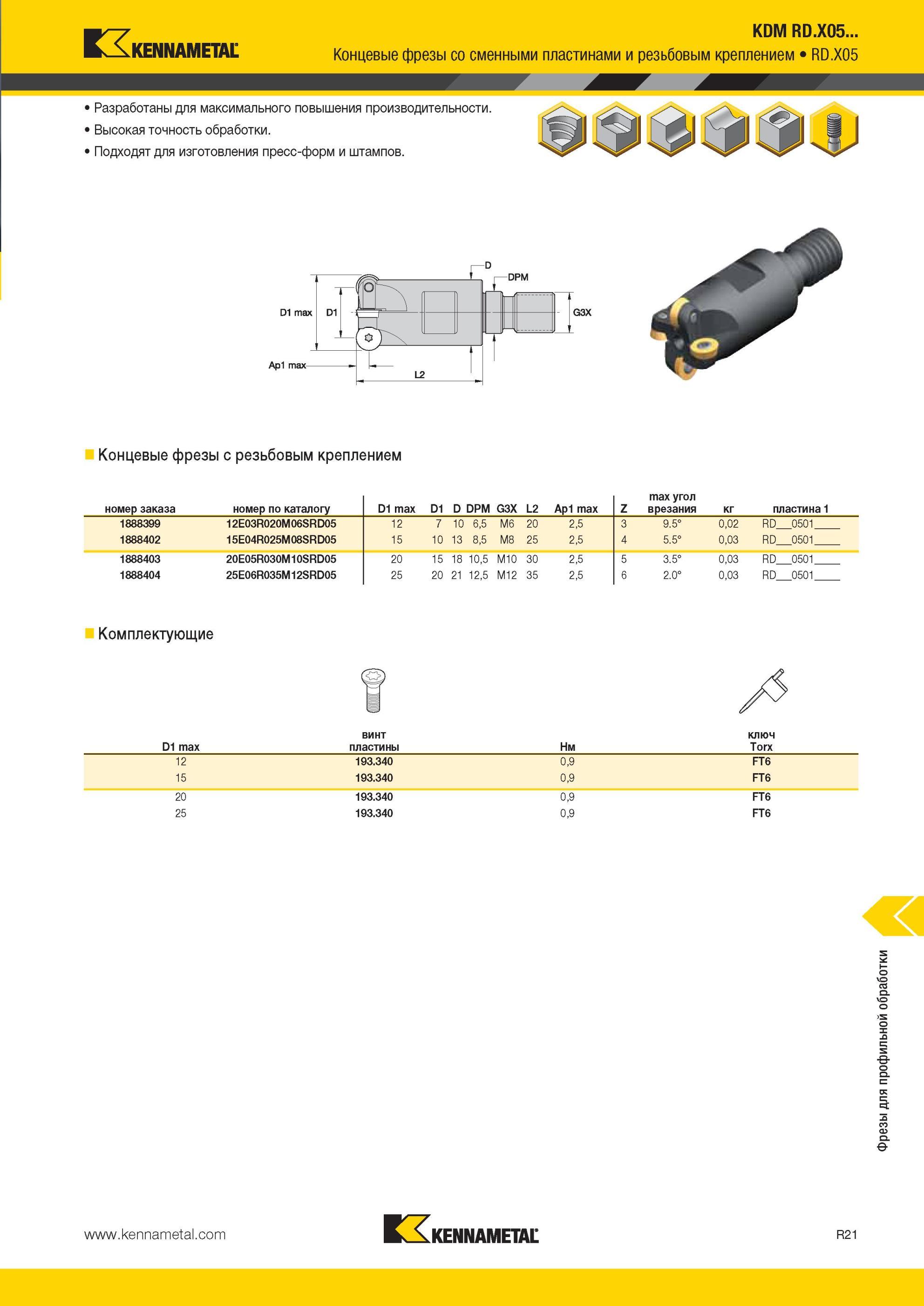1861 KDM RD X05 Концевые фрезы Kennametal со сменными пластинами и резьбовым креплением RD X05 Разработаны для максимального повышения производительности В Мастер-каталог KENNAMETAL 2013 Металлорежущий инструмент Точение Обработка отверстий Фрезерование Стр. R21