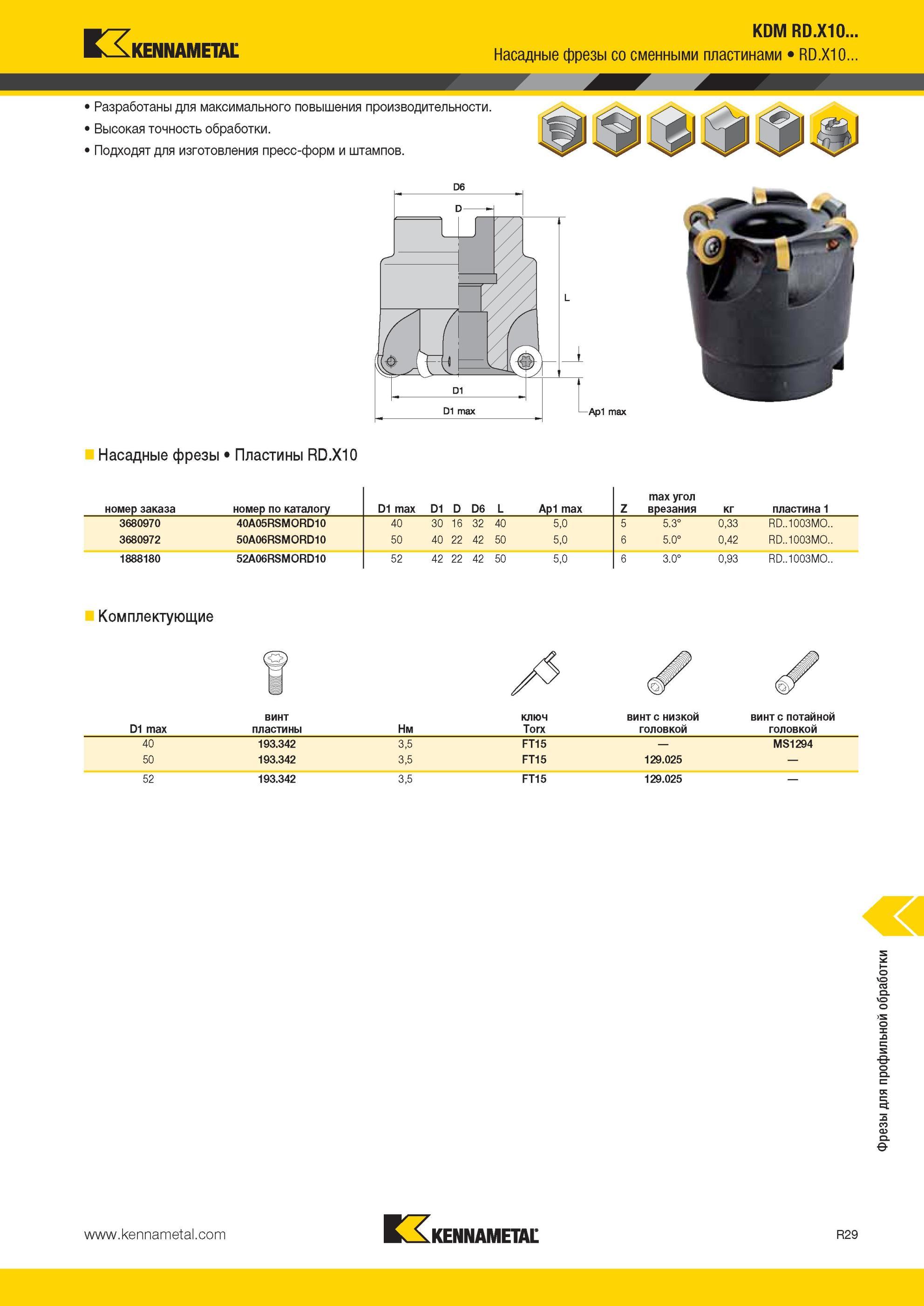 1869 Насадные фрезы Kennametal со сменными пластинами RD X10 Разработаны для максимального повышения производительности Высокая точность обработки Подходят Мастер-каталог KENNAMETAL 2013 Металлорежущий инструмент Точение Обработка отверстий Фрезерование Стр. R29