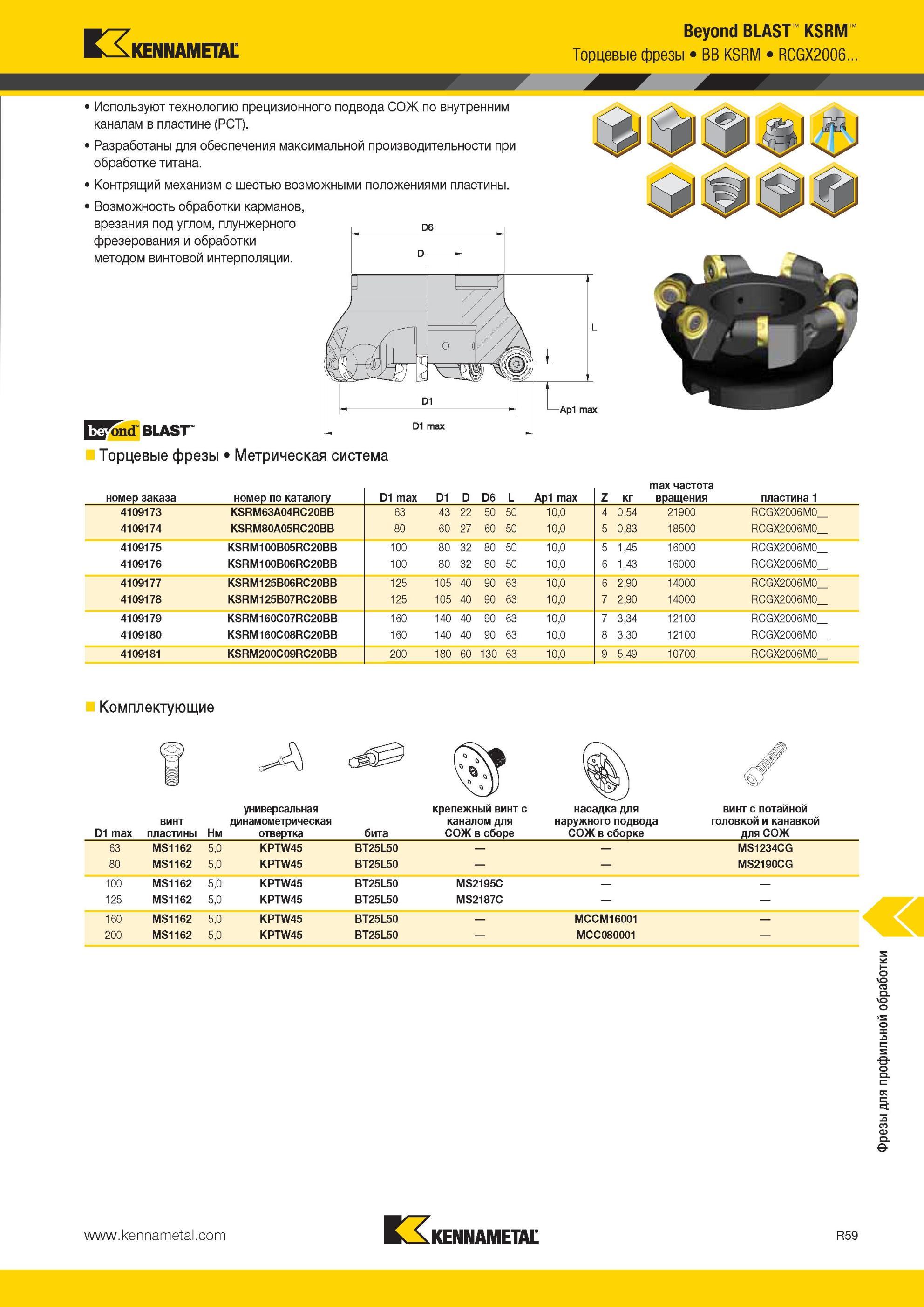 1899 Торцевые фрезы Kennametal BB KSRM RCGX2006 Используют технологию прецизионного подвода СОЖ по внутренним каналам в пластине (PCT) Разработаны для обес Мастер-каталог KENNAMETAL 2013 Металлорежущий инструмент Точение Обработка отверстий Фрезерование Стр. R59