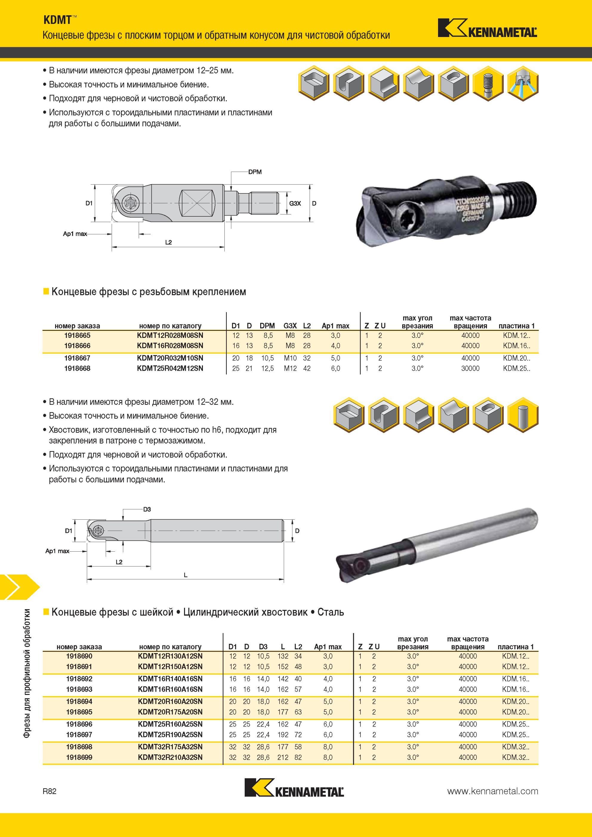 1922 Фрезы Kennametal для профильной обработки KDMT -7 Концевые фрезы с плоским торцом и обратным конусом для чистовой обработки В наличии имеются фрезы ди Мастер-каталог KENNAMETAL 2013 Металлорежущий инструмент Точение Обработка отверстий Фрезерование Стр. R82