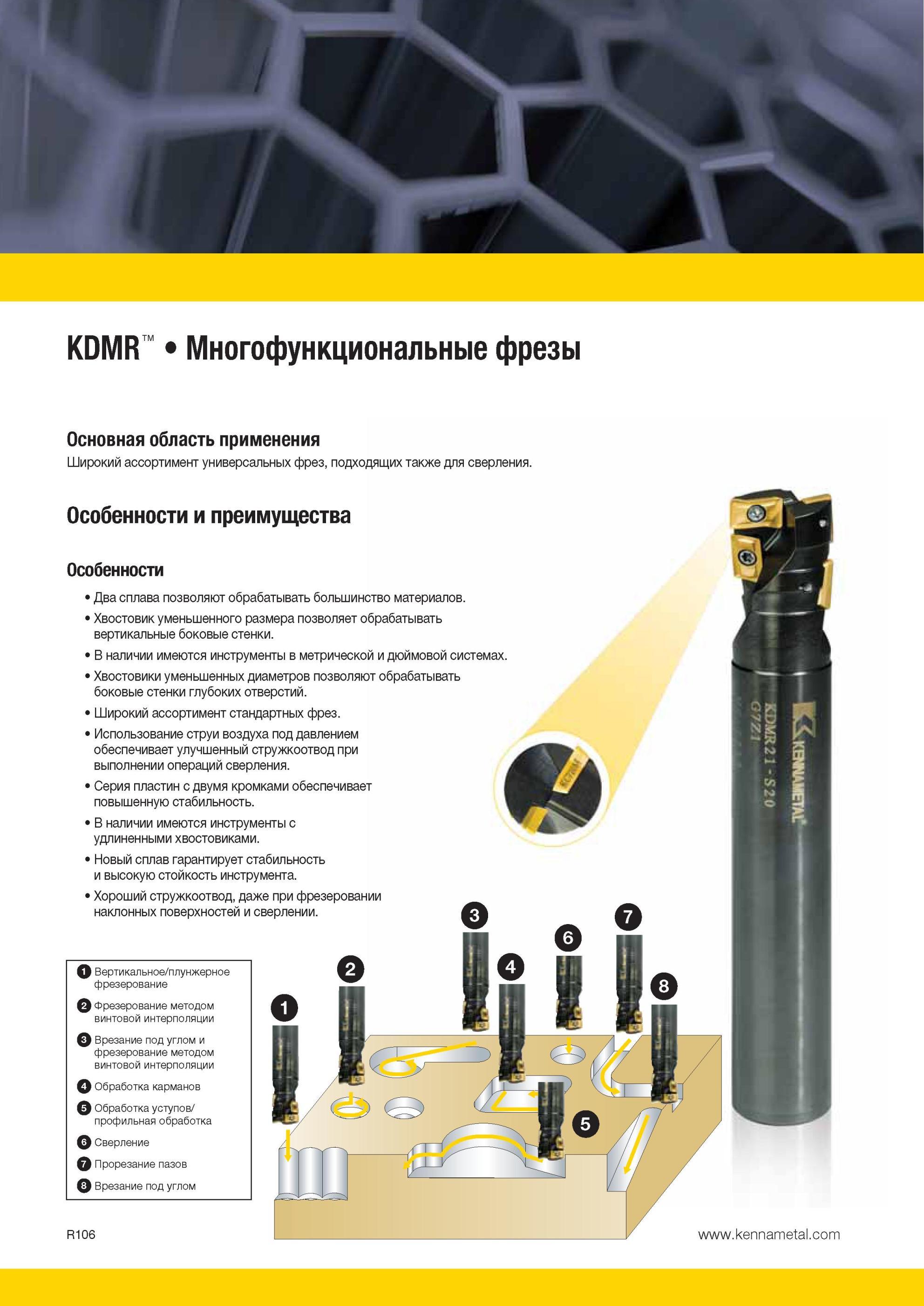 1946 Широкий ассортимент универсальных фрез Kennametal подходящих также для сверления Особенности и преимущества Два сплава позволяют обрабатывать большинс Мастер-каталог KENNAMETAL 2013 Металлорежущий инструмент Точение Обработка отверстий Фрезерование Стр. R106