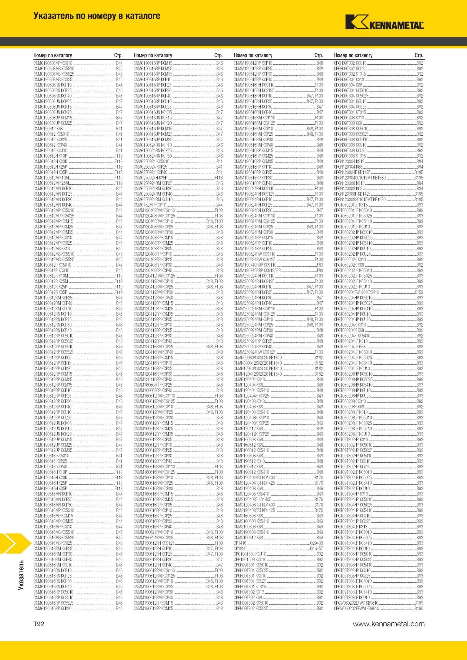 2070 Режущий инструмент Kennametal Указатель по номеру в каталоге Номер по каталогу Стр 8,1 К I1 BCC 'N,-1 p1p 10,1 B46 0ЛГ Н P12II I'I1 B48 'I'H 3 \' 1 B9 Мастер-каталог KENNAMETAL 2013 Металлорежущий инструмент Точение Обработка отверстий Фрезерование Стр. T92