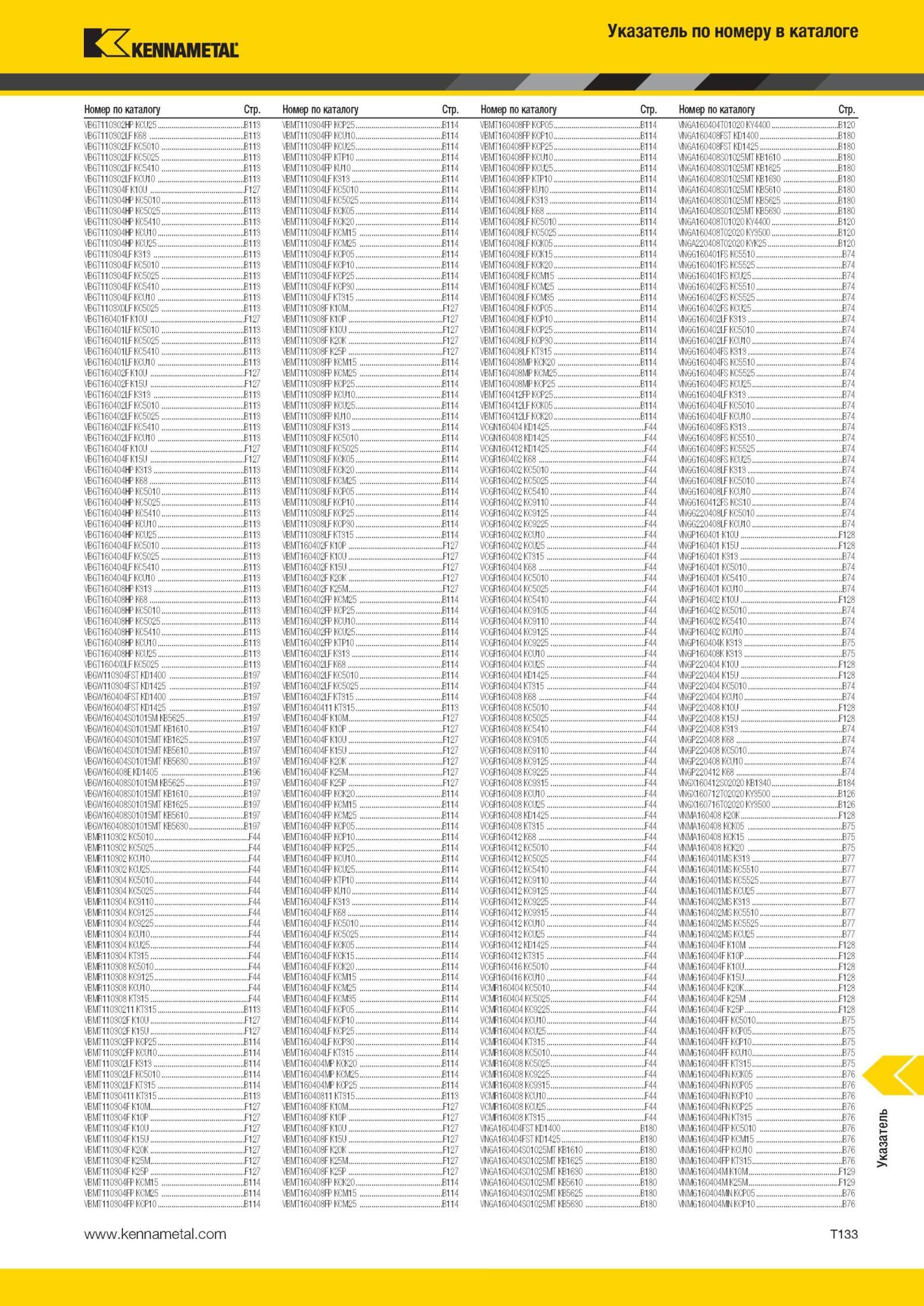 2111 Режущий инструмент Kennametal Указатель по номеру в каталоге Номер по каталогу Стр В' 11 3 H\ :l B113 ВМ 11 3 - :\ В11' ВМ 16 B К\ В11’ ' 16 1 I’’ B12 Мастер-каталог KENNAMETAL 2013 Металлорежущий инструмент Точение Обработка отверстий Фрезерование Стр. T133