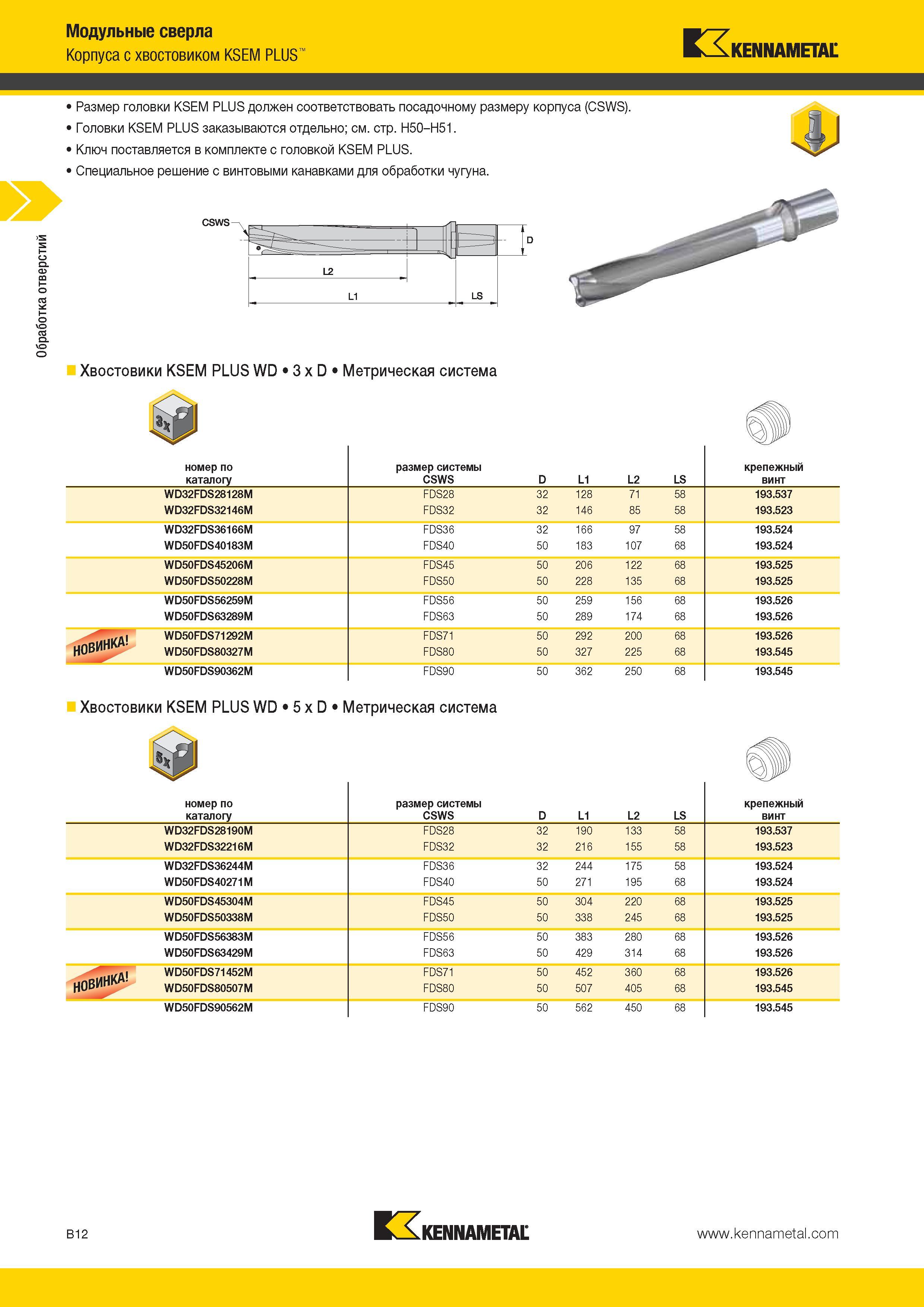 306 Метрические модульные сборные сверла Kennametal KSEM PLUS с режущими сменными твердосплавными пластинами для сверления отверстий глубиной 3 - 5 диаметр Каталог KENNAMETAL 2014 Инновации Новый металлорежущий инструмент и инструментальная оснастка для станков и станочных комплексов Стр. B12