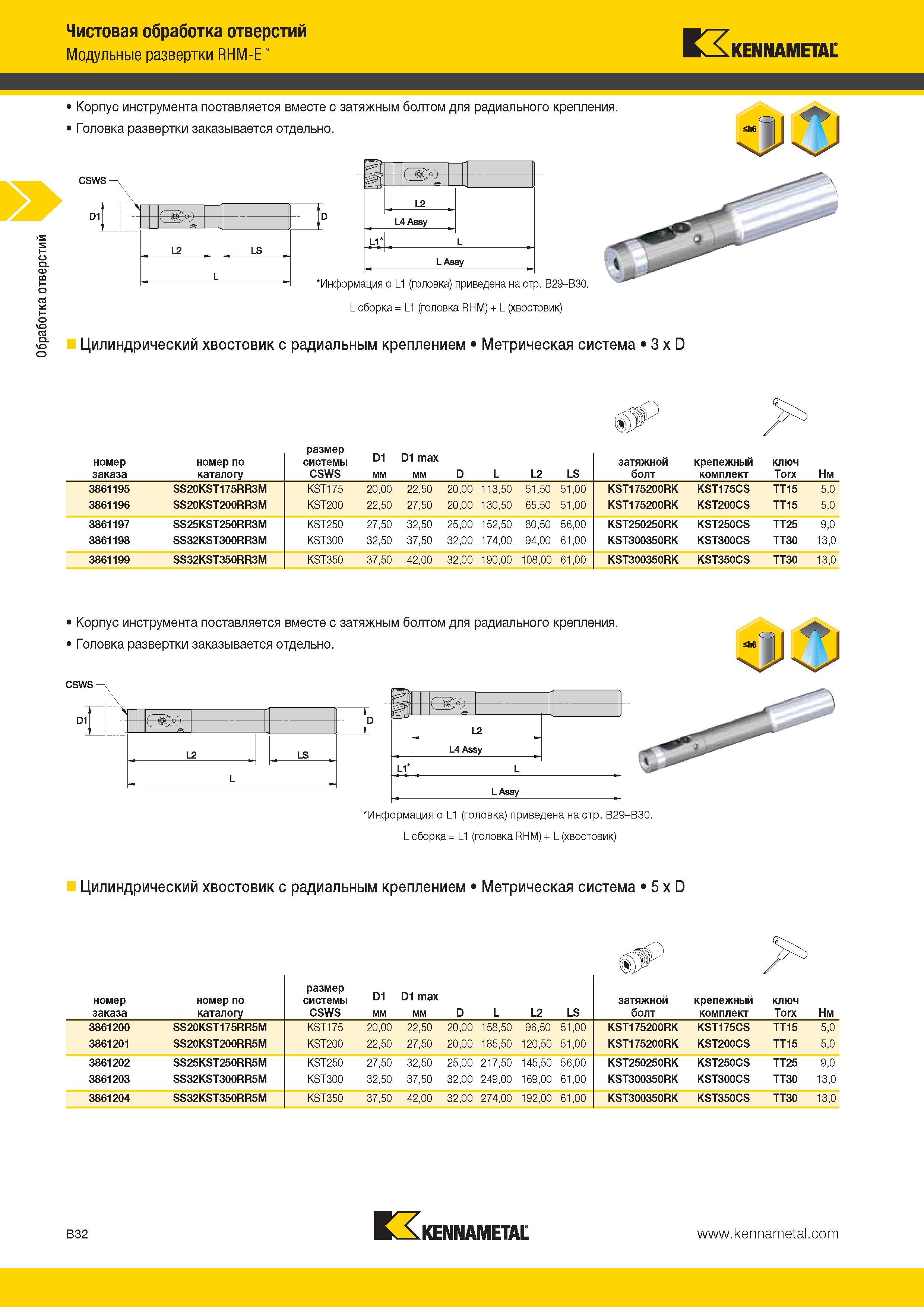 326 Обработка отверстий Чистовая обработка отверстий Модульные развертки RHM-E Kennametal Корпус инструмента поставляется вместе с затяжным болтом для ради Каталог KENNAMETAL 2014 Инновации Новый металлорежущий инструмент и инструментальная оснастка для станков и станочных комплексов Стр. B32