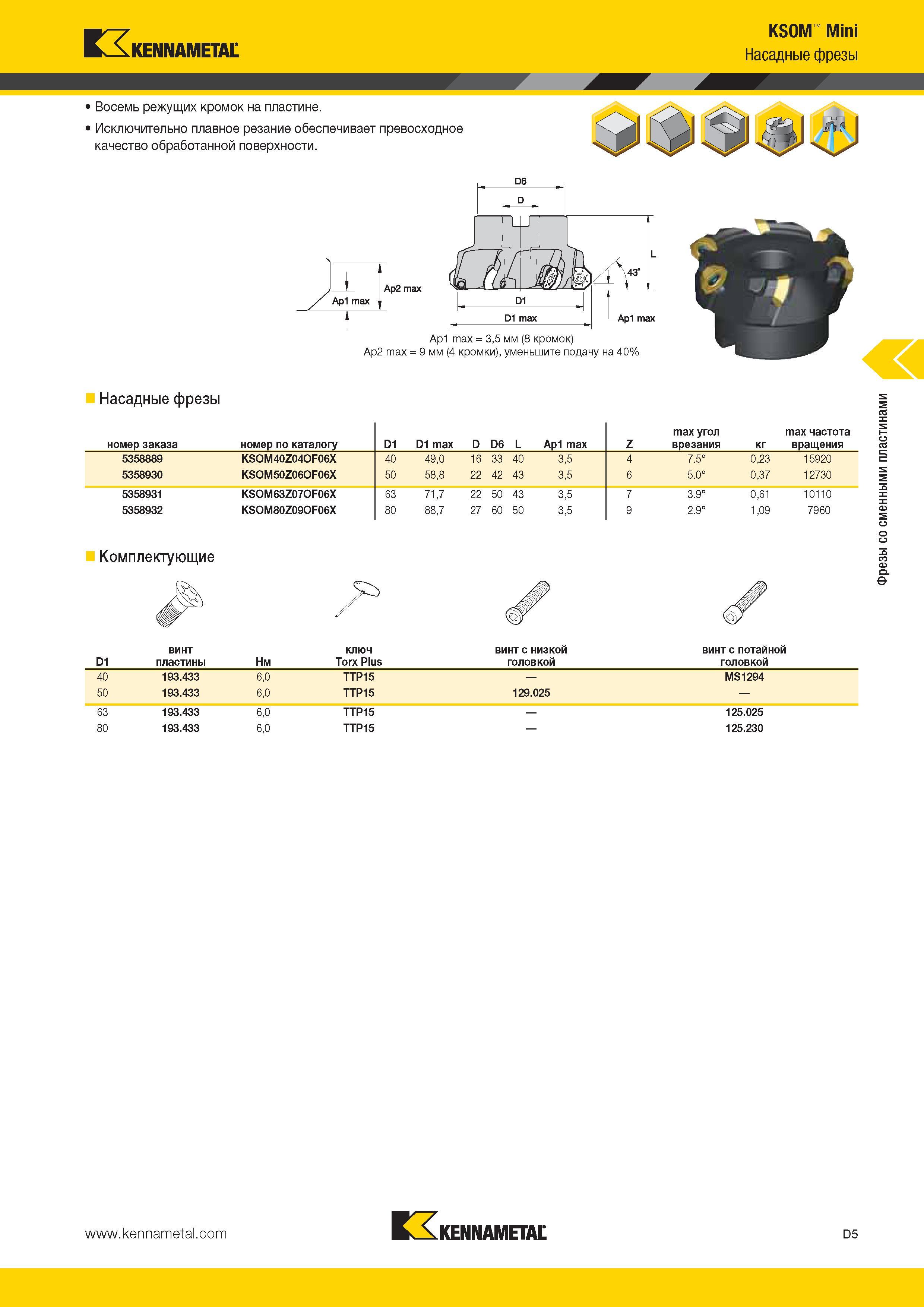 443 Насадные фрезы Kennametal KSOM Mini Восемь режущих кромок на пластине Исключительно плавное резание обеспечивает превосходное качество поверхности Каталог KENNAMETAL 2014 Инновации Новый металлорежущий инструмент и инструментальная оснастка для станков и станочных комплексов Стр. D5