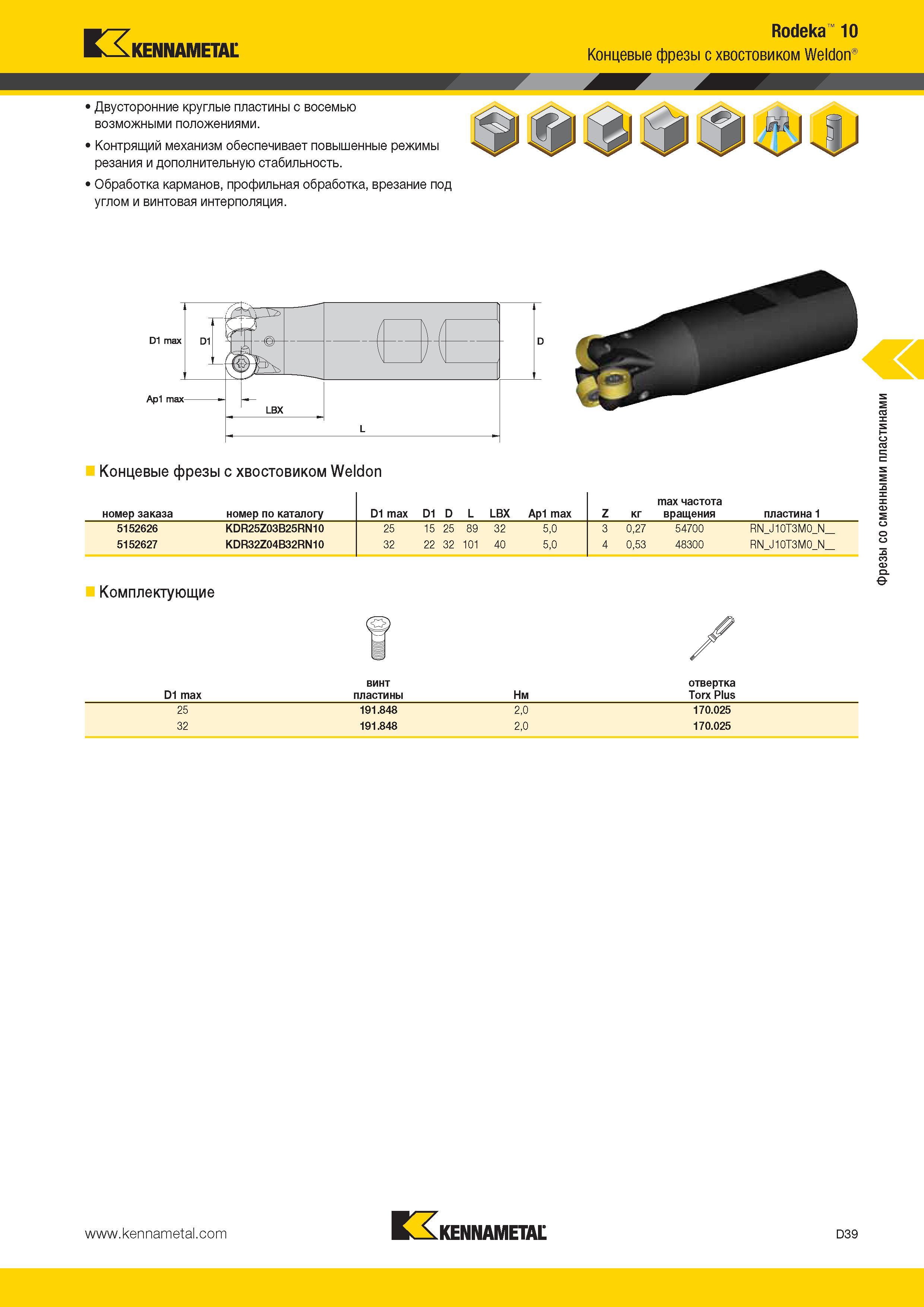 477 Kennametal Rodeka 10 Концевые фрезы с хвостовиком Weldon Двусторонние круглые пластины с восемью возможными положениями 1 Контрящий механизм обеспечива Каталог KENNAMETAL 2014 Инновации Новый металлорежущий инструмент и инструментальная оснастка для станков и станочных комплексов Стр. D39